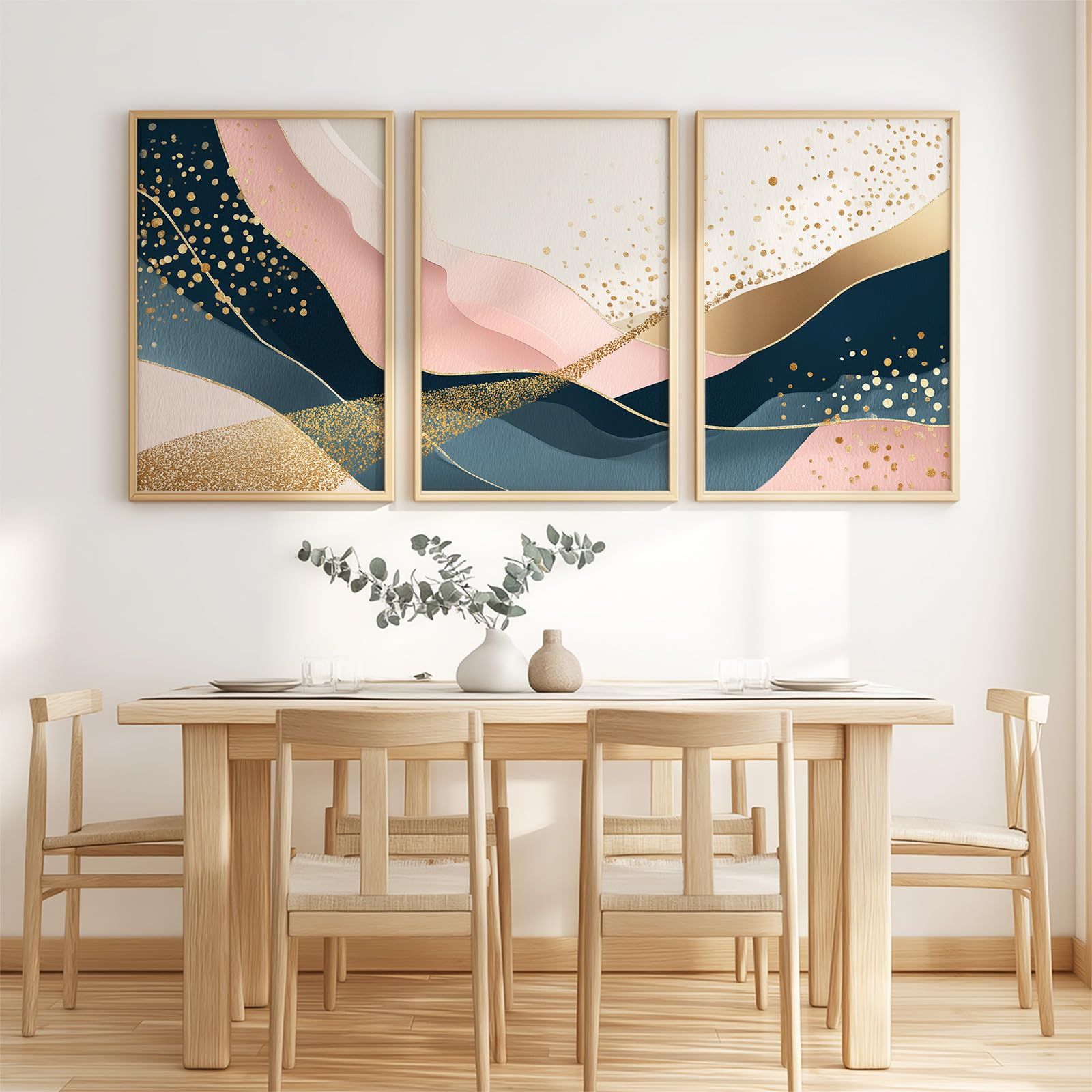 Generisch 3-teiliges Wandbild Leinwand Set 50 x 70 cm, Ohne Rahmen Ästhetische Kunstdrucke Abstrakt Elegant für Wohnzimmer & Schlafzimmer, Minimalistisch Linie Gold Rosa Marineblau