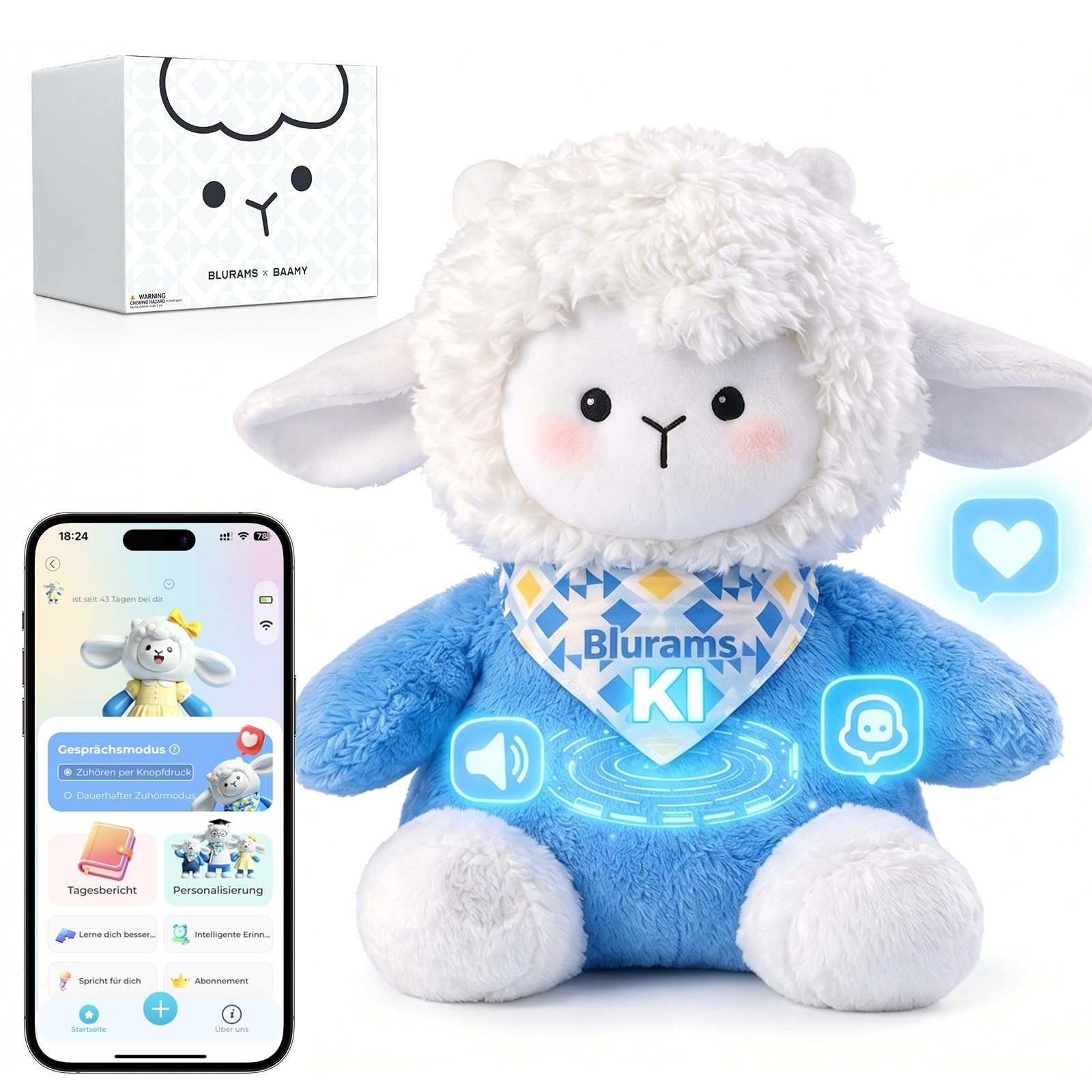 blurams KI-Spielzeug für Kinder von 3–8 Jahren, Interaktives Kuscheltier mit Sprachfunktion, App-Steuerung, Gedächtnisfunktion & Tagesbericht, Lern- und Emotionsbegleiter, Kreative Idee für Mädchen