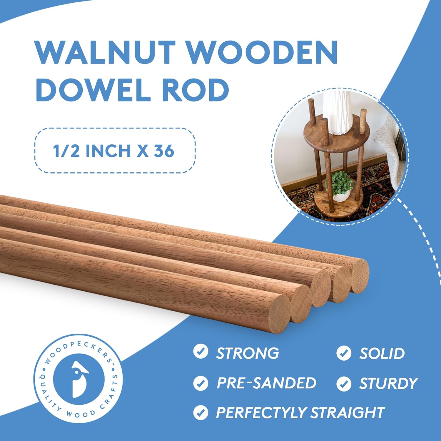 Walnut Wood Dowels 1/2 inch x 36 Pack of 5 Wooden Dowels 36 inch Long, Wooden Craft Sticks for Crafting & Woodworking, by Woodpeckers