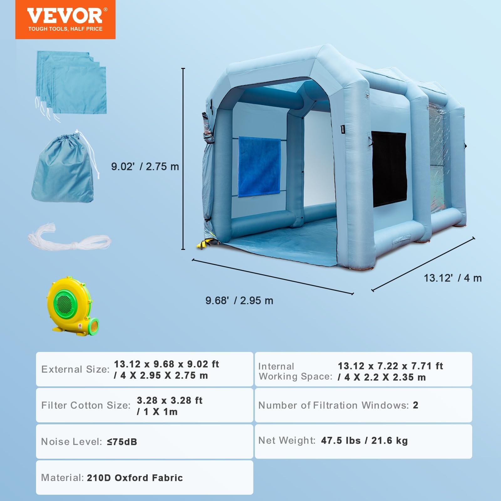 VEVOR Cabina de Pintura Inflable 4 x 2,95 x 2,75 m Carpa Hinchable de Pintura de Coches en Oxford 210D con Sistema de Filtración Sopladores 900 W Estación de Trabajo de Pintura Taller de Garaje