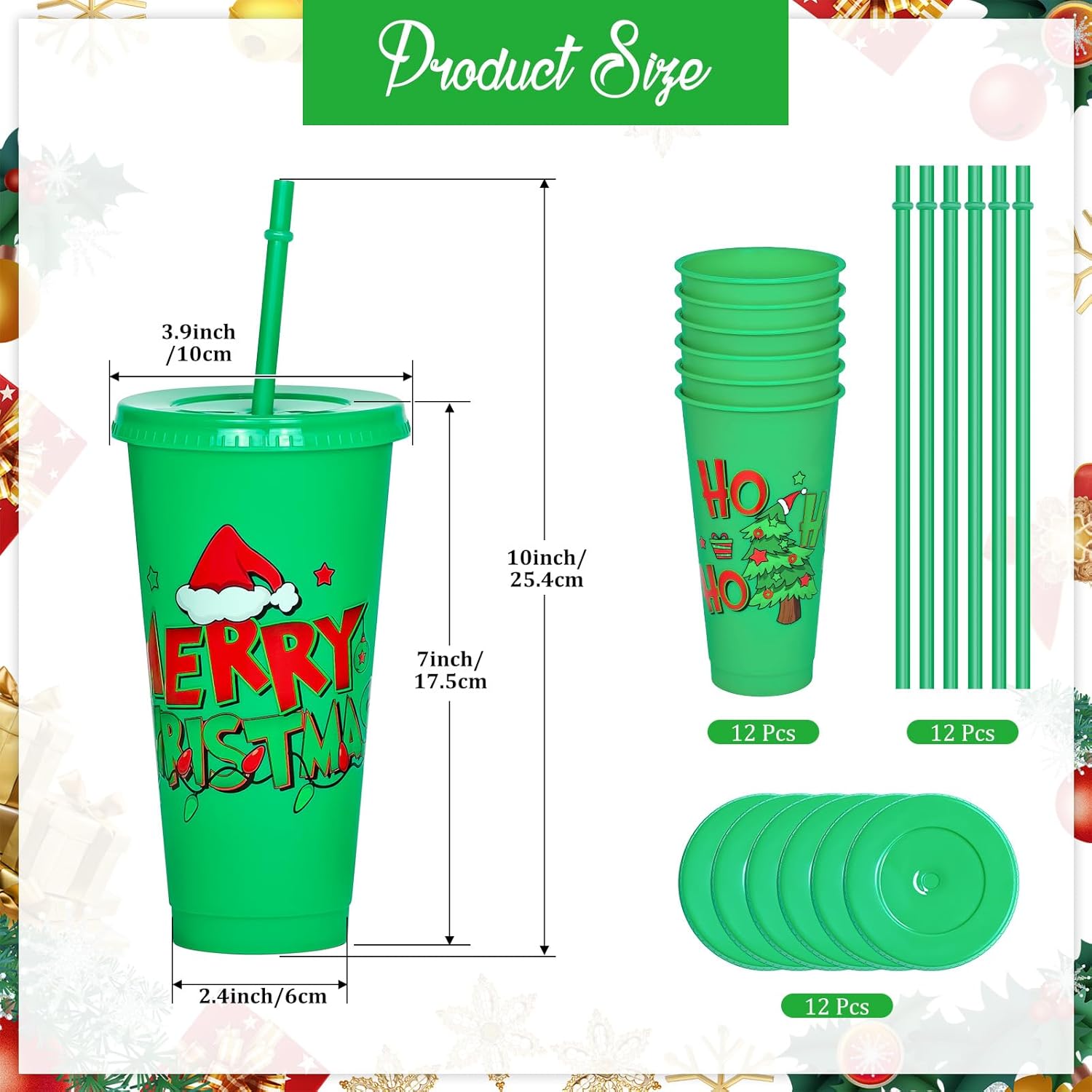 Cinrobiye 12 PCS Christmas Party Favors Xmas Plastic Cups with Lid Straw 24 oz Reusable Plastic Drink Cups Bulk Water Bottle Coffee Mug for Winter Holiday Party Supplies Classroom Gifts (12, Green) - Image 2