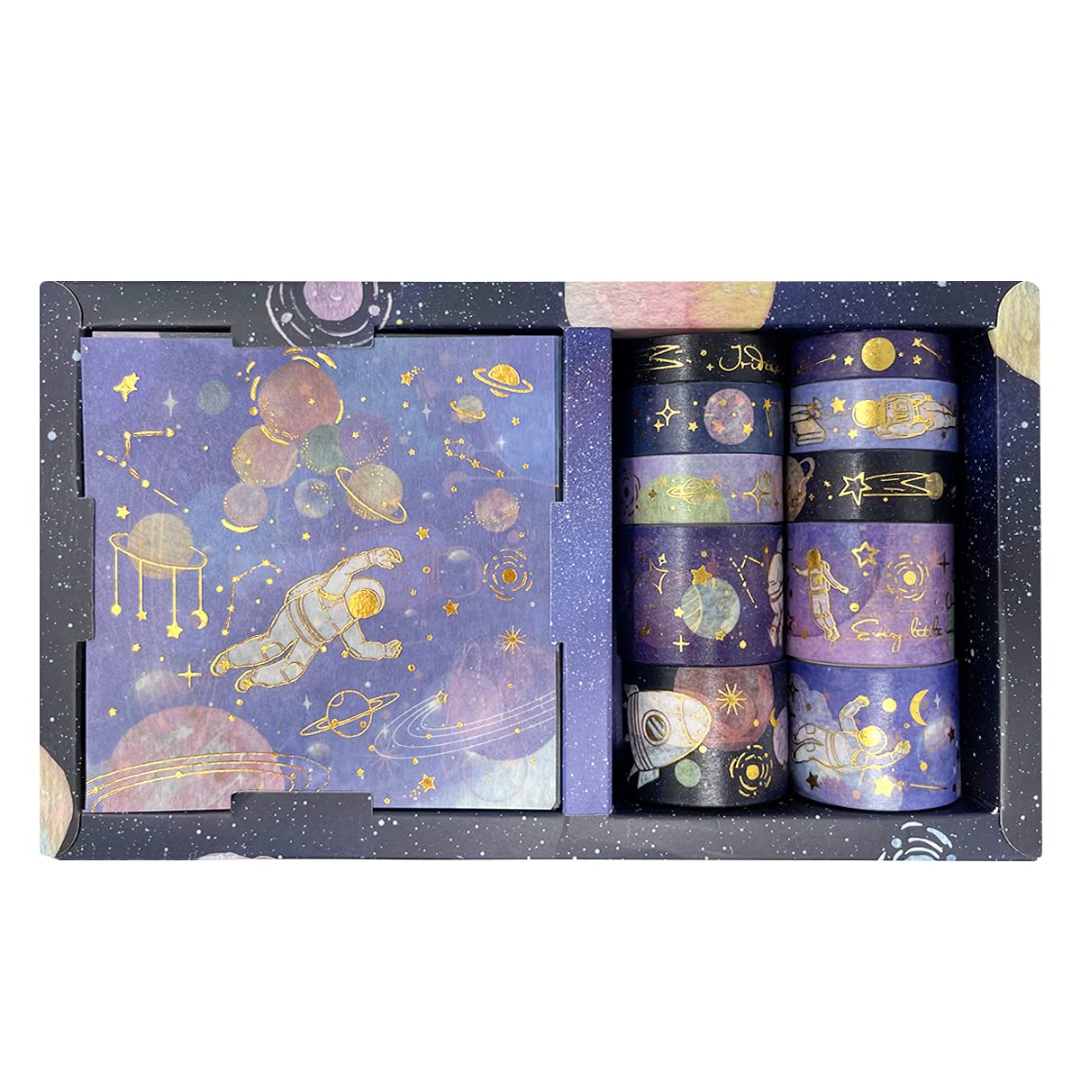Cinta adhesiva decorativa para papelería set de washi tape dorado y pegatinas de galaxias