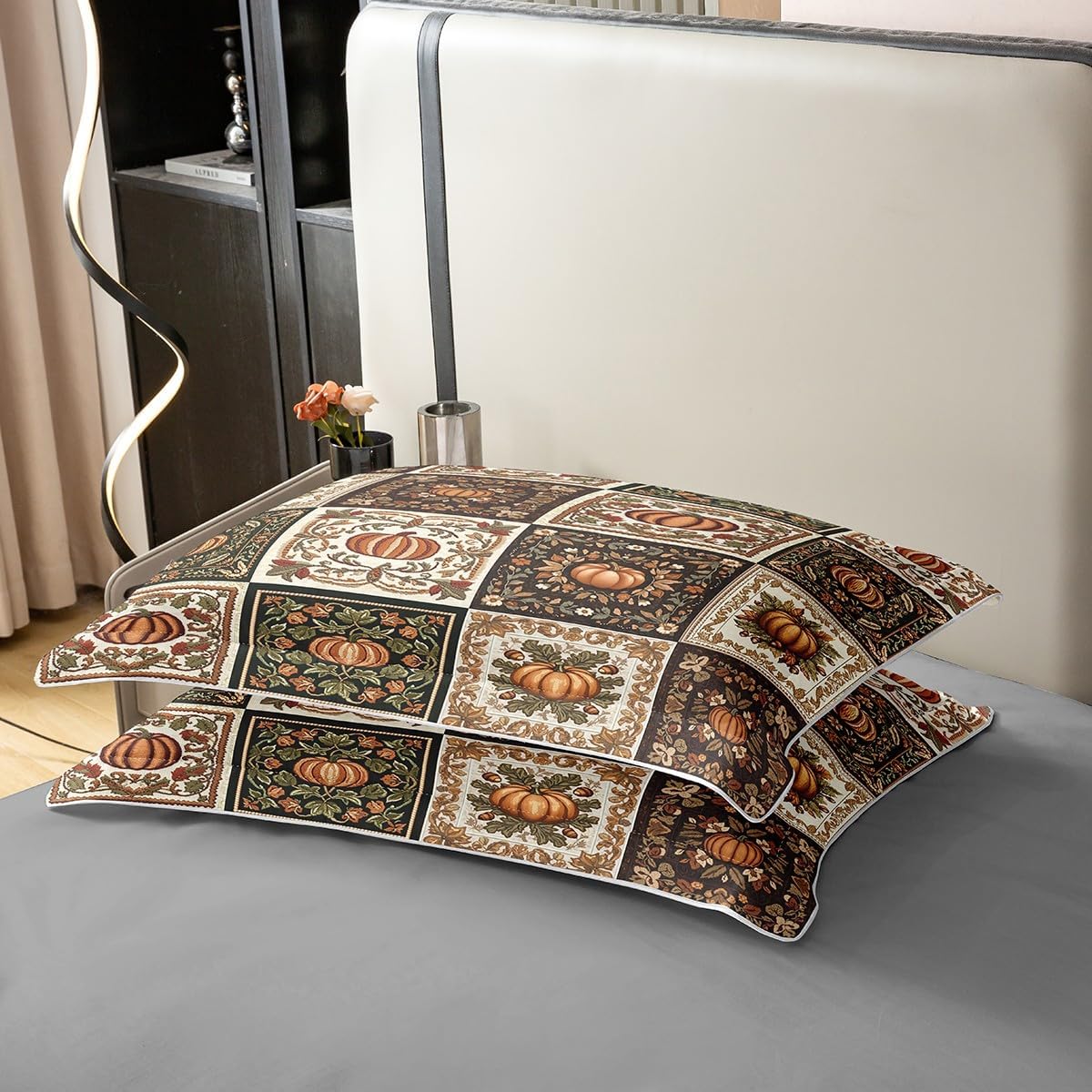 Full Size Fall Pumpkin Cotton Duvet Cover 3 Pcs,Autumn Harvest Botanical Plants Maple Leaves Soft Breathable Bedding Set,Retro Brown Geometric Plaids Patchwork Comforter Cover(No Filler)