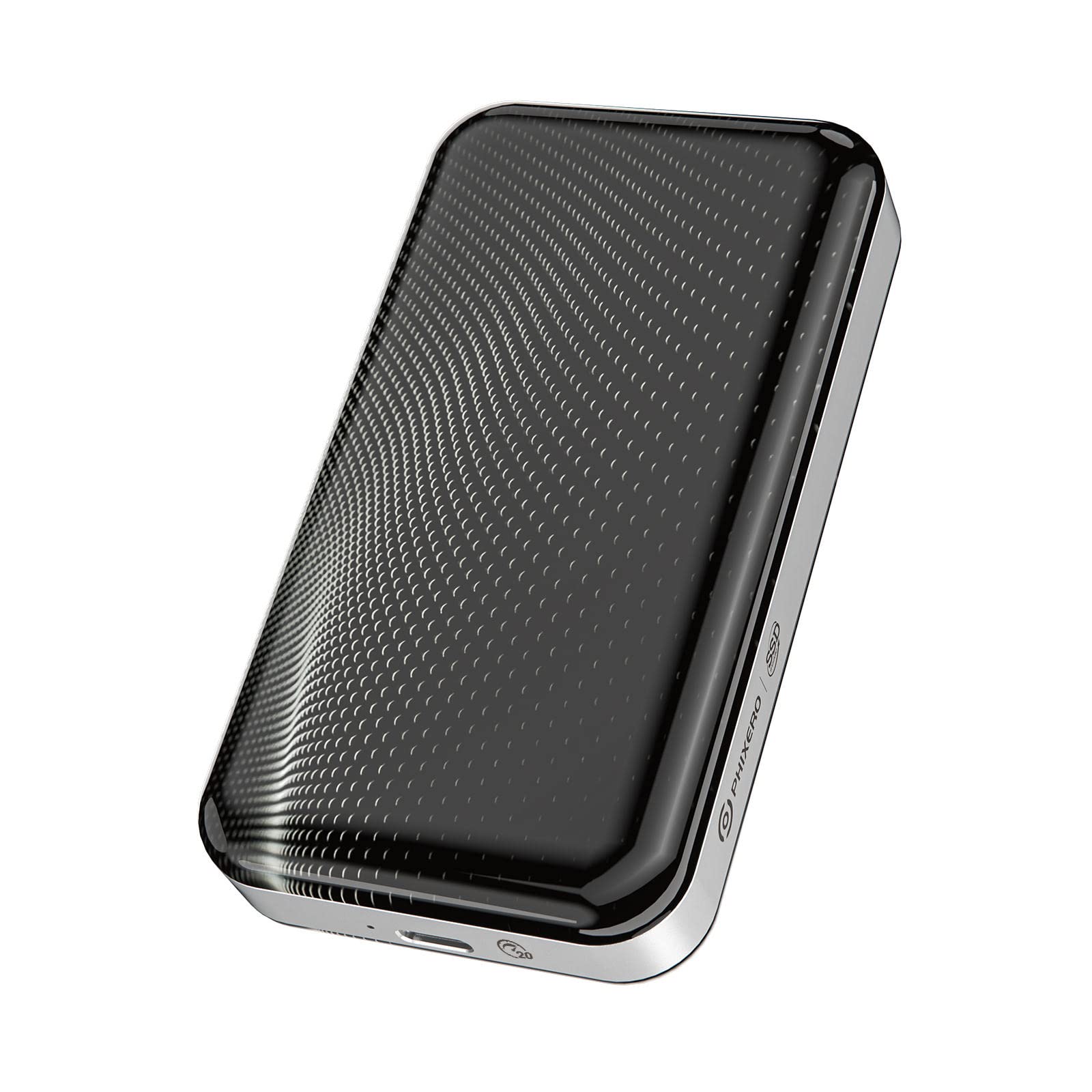 PHIXERO Portable SSD, a sleek black and silver external solid state drive.
