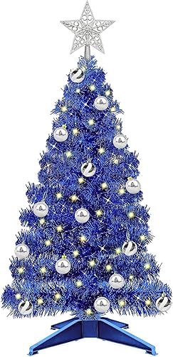 Miniatura 7 de Temporizador y 8 modos Árbol de Navidad de 3 pies con 50 luces cálidas, 15 adornos de bola con control remoto de estrella 3D, funciona con pilas,