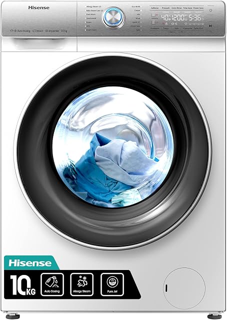 Hisense WFQR1014EVAJM 60cm Freestanding 10 KG Front Load Washing Machine - 1400 RPM - Auto Dosing - Pure Steam - Pause and Add - PureJet - White