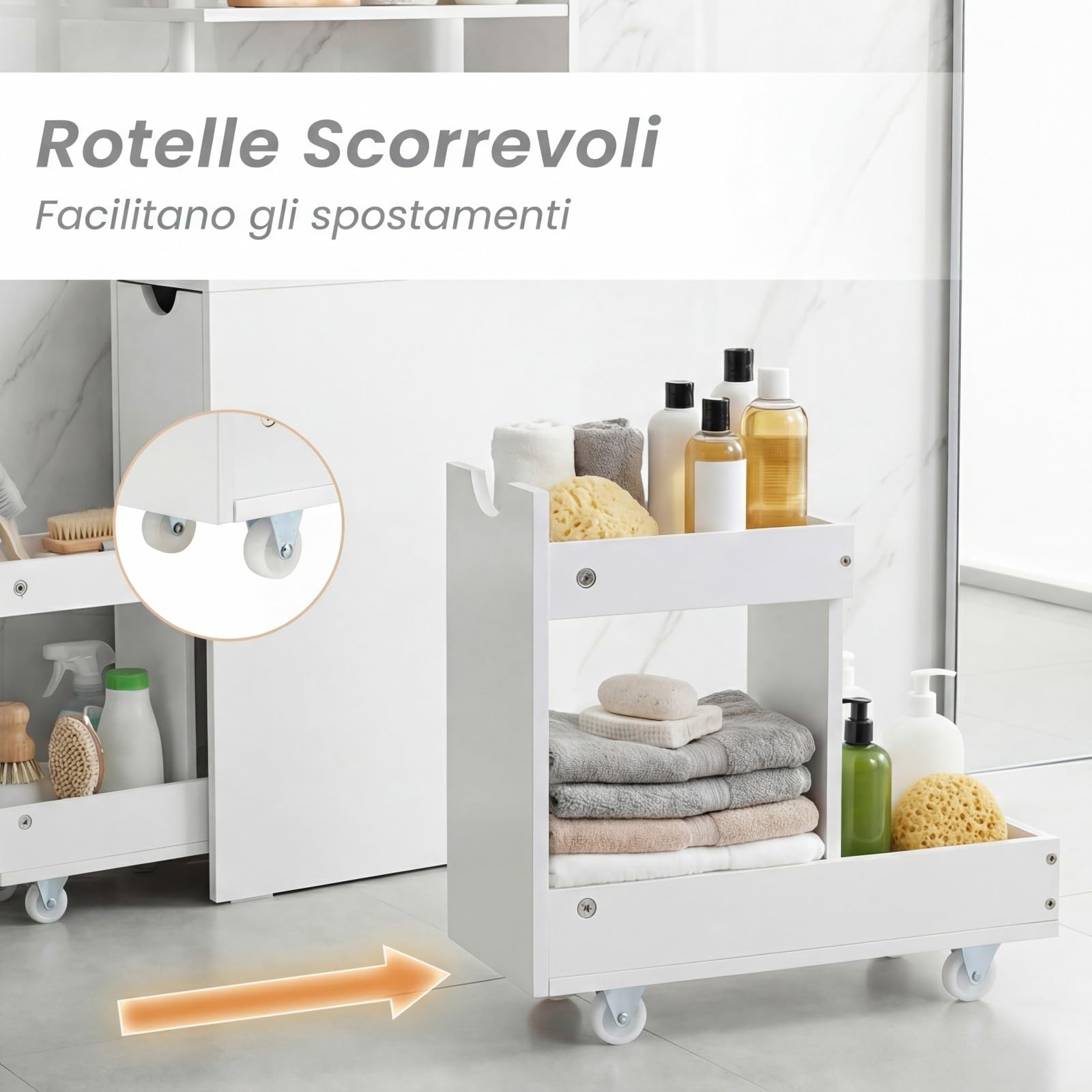 COSTWAY Mobile da Bagno Salvaspazio, Mobiletto Stretto e Autoportante con Ripiani Aperti, Cassetto Scorrevole e Carrello Estraibile, Mobiletto a Terra in Legno per Cucina, 45 × 20 × 114 cm