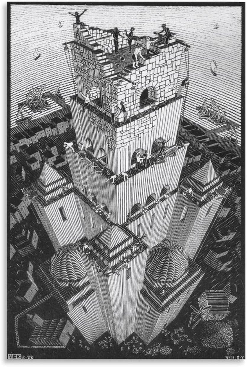 M.C. Escher Poster《Tower of Babel》Canvas Painting M.C. Escher Wall Art Aesthetic Illustration Prints for Office Decor Picture 30x45cm Frameless