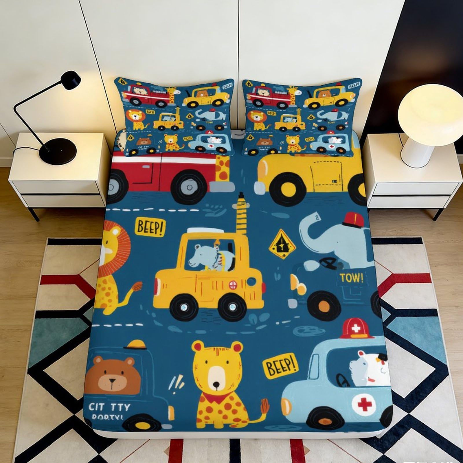 3D Printed Cartoon Animal Traffic Fitted Sheet Microfiber Deep Pocket Non-Slip Bedroom Bedding Cartoon Mattress Fitted Cover Washable Adult Teen 140x200x25cm
