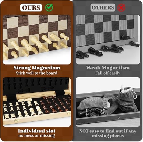 Miniatura 4 de Juegos de ajedrez magnéticos para niños y adultos, tablero de ajedrez de madera de 15 pulgadas con piezas, juego de ajedrez portátil de viaje con