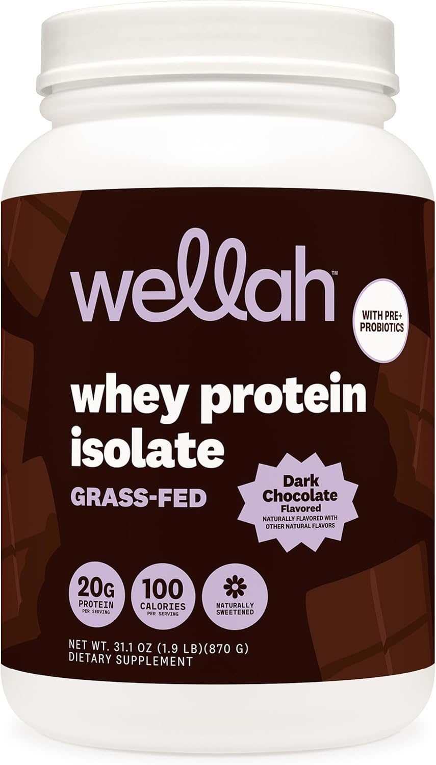 Wellah Grass-Fed Whey Protein Isolate Powder (Dark Chocolate) 30 Servings - with Prebiotics, Enzymes & Probiotics, 20g of Protein, 100 Calories, Naturally Sweetened