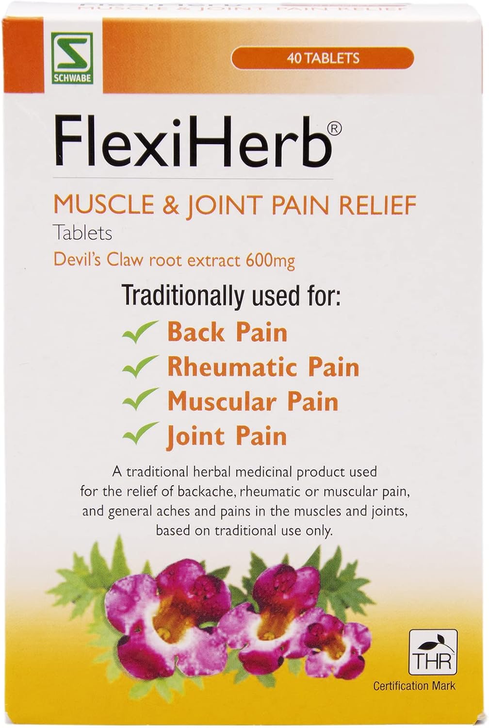Schwabe Pharma – FlexiHerb Muscle and Joint Pain Relief – Devils Claw Root Extract 600mg – Traditionally Used for Backache, Rheumatic Pain, Muscular Pain, Joint Pain – 40 Tablets