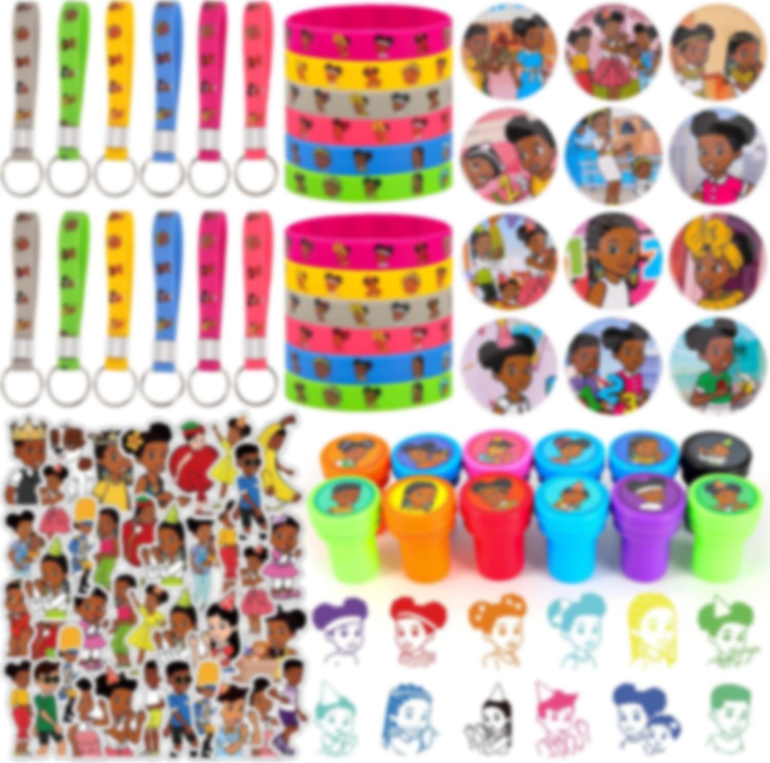 98PCS Birthday Party Decorations, Kids Party Supplies, Party Favor Corner Include 12 Bracelets,12 Button Pins, 12 Keychain, 12 seal,50 Stickers for Classroom Rewards,Birthday Party Gift