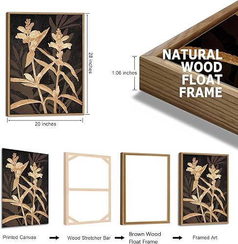 Miniatura 6 de Arte de Pared Enmarcado Rústico Grande - Cuadros de Lienzo Negro con Ramas de Flores Marrones con Marco Flotante Natural, Decoración Retro de Hojas