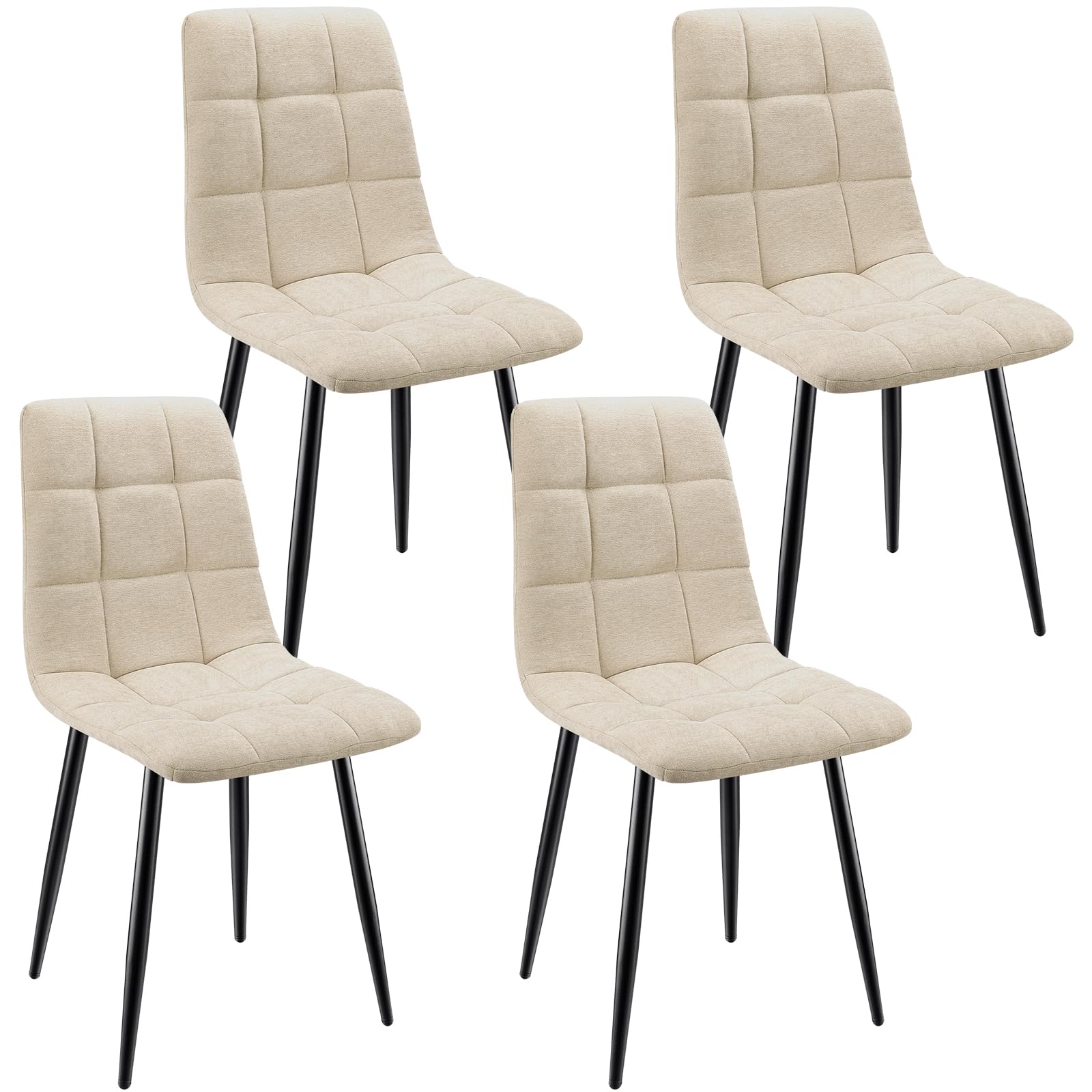 ANVOFONG Pack de 4 Sillas de Comedor, Sillas Cocina con Tela de Lino Y Patas De Metal Negro,Sillas Tapizadas,Silla de Dormitorio,Silla de SalóN,Sillas Comedor Modernas-Khaki