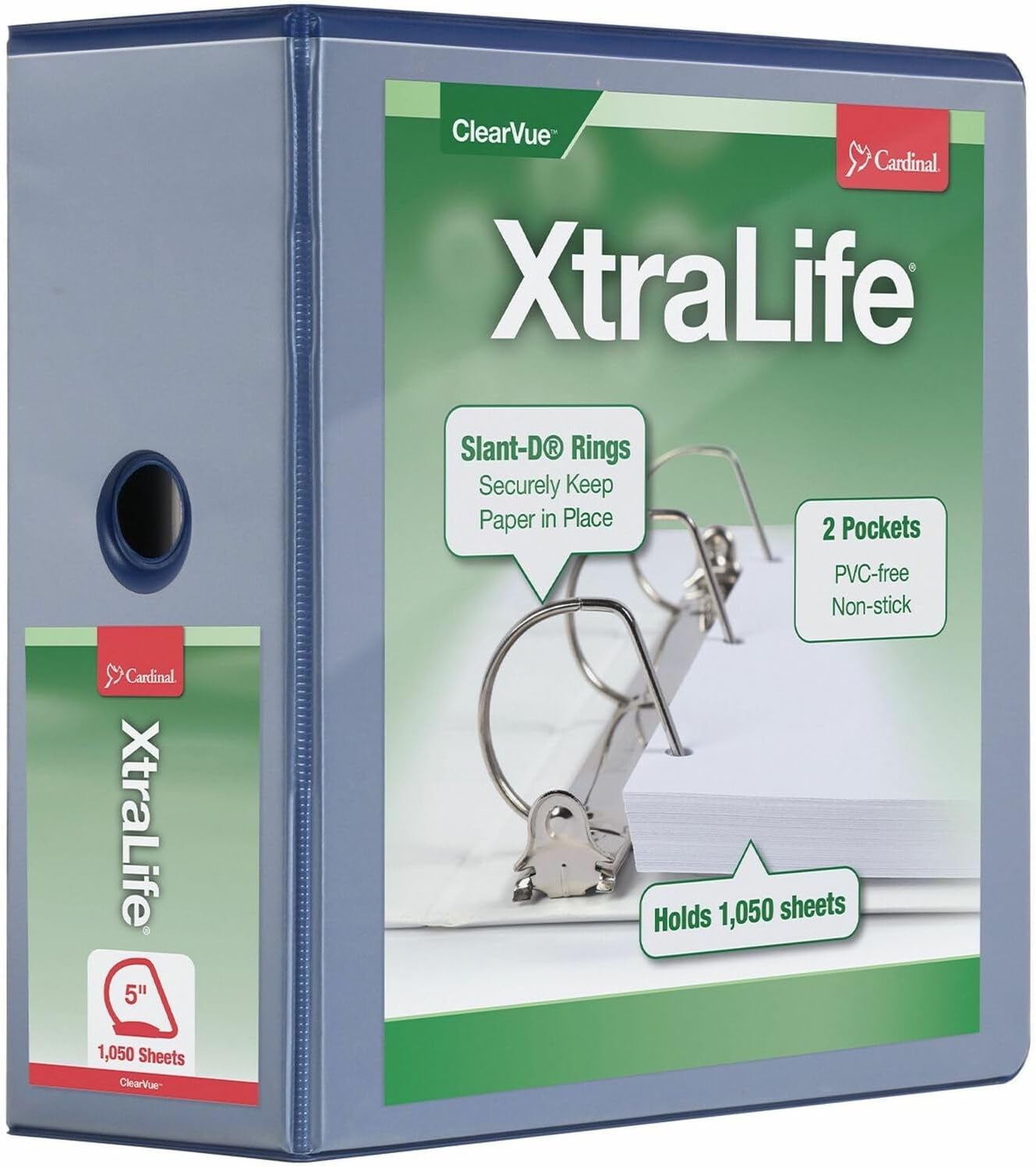Cardinal 3 Ring Binder, 5 Inch Heavy Duty XtraLife Binder, Locking Slant-D Rings, Crack-Resistant Cover & Spine, ClearVue Covers with Shelf Pull, Holds 1,100 Sheets, Blue (26352)