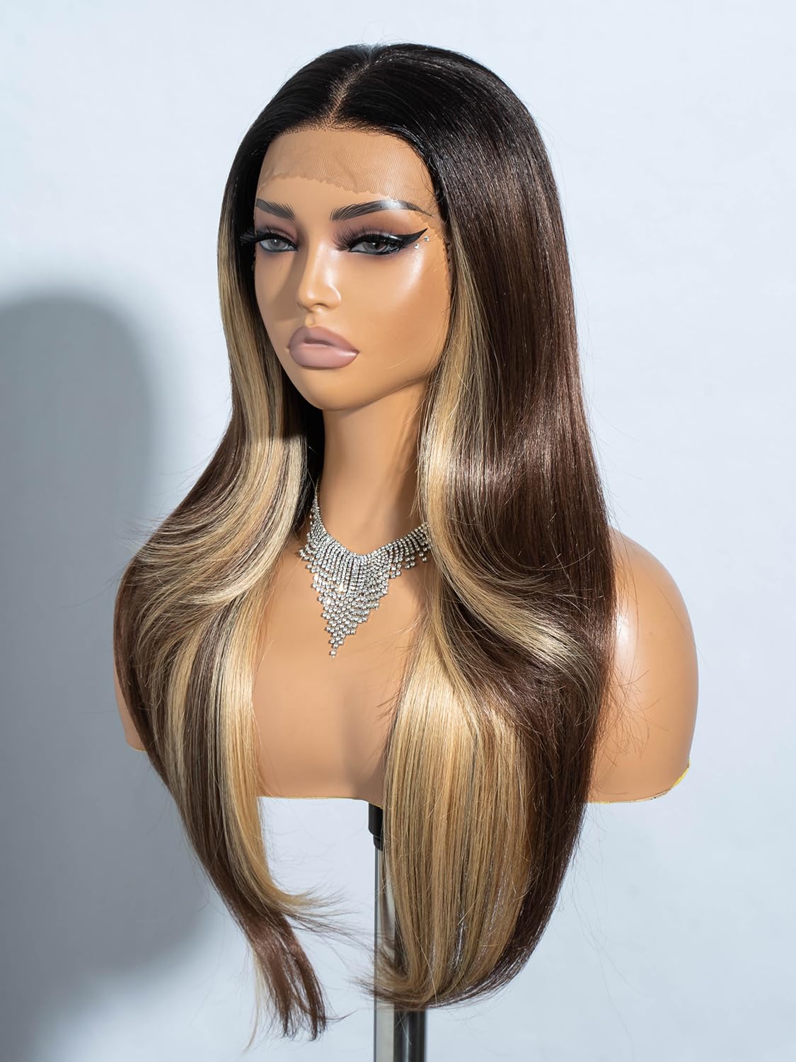 Joedir 13x4 Lace Frontal Wigs for Black Women Long Straight Free Parting Silk Base Lace Front Wigs with Baby Hair 28 Inches Layered Synthetic Wigs for Women Ombre Brown with Blonde - Image 3