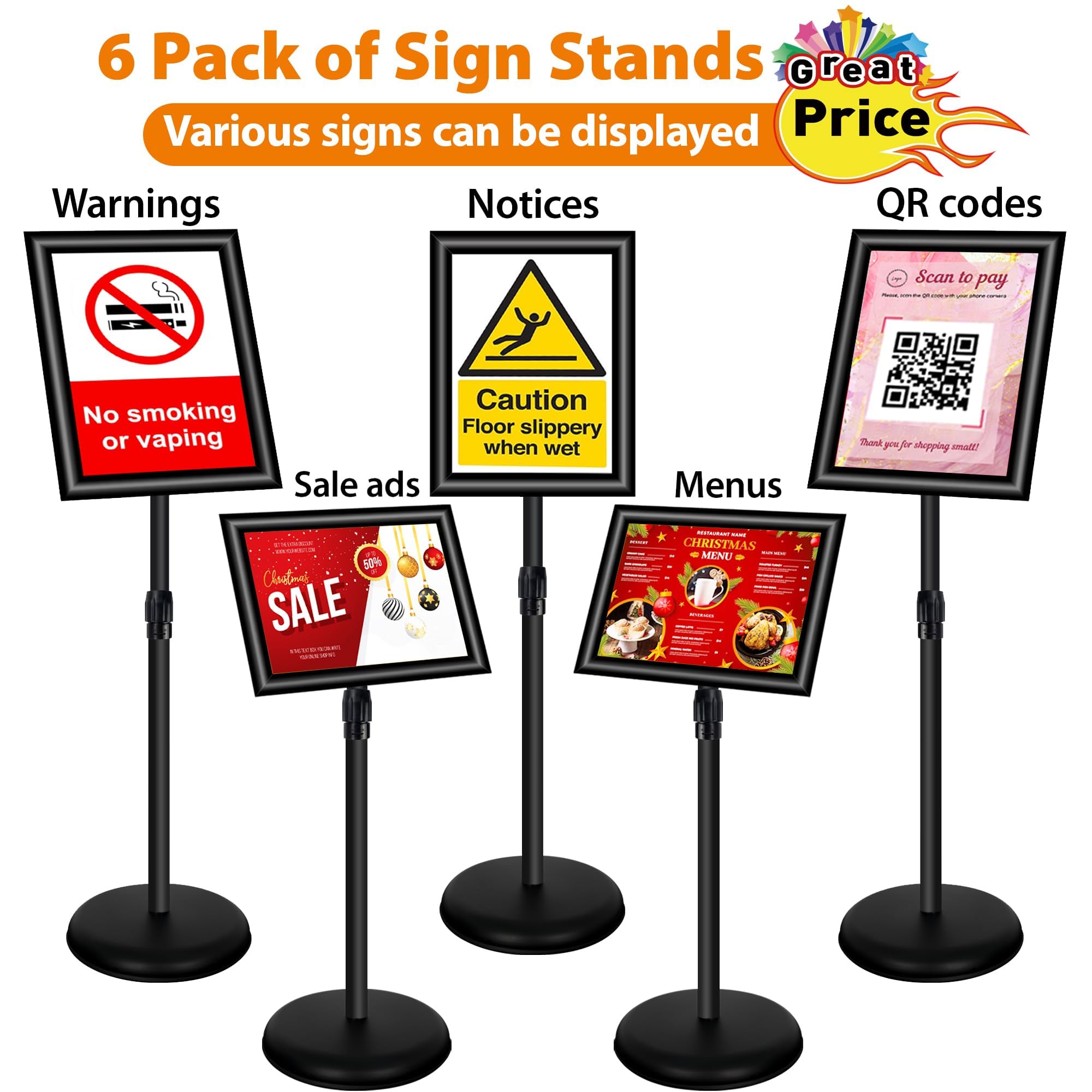 Paquete de 6 soportes ajustables de aluminio A3 para carteles, menús, anuncios, ventas, soporte de exhibición de señalización (negro, paquete de 6)