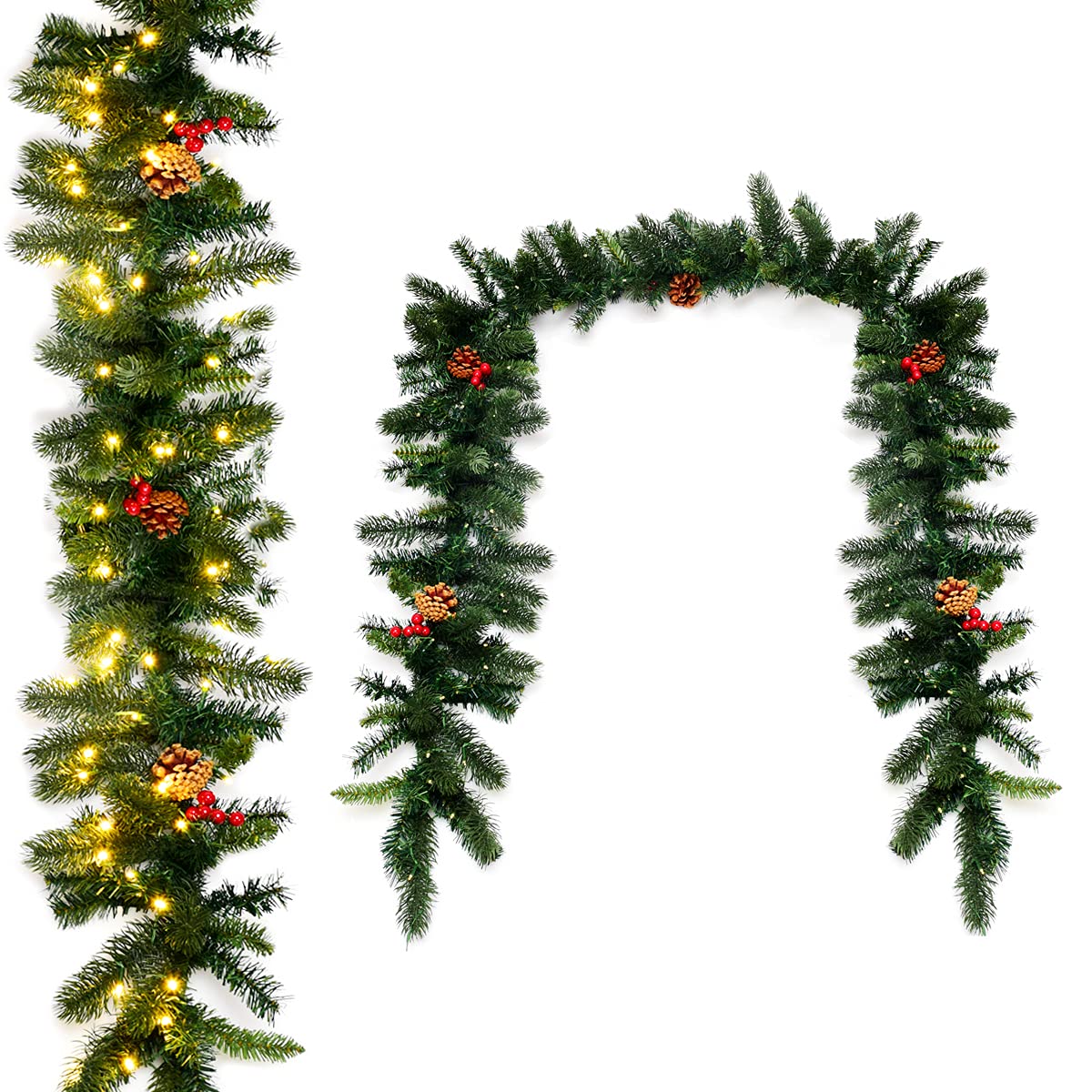 RELAX4LIFE Guirnalda Navidad 270 cm de PVC y PE con Manzanas Rojas y Manzanas de Pino, Guirnalda de ratán con 100 Luces LED, decoración de Navidad, decoración de Puertas, chimeneas, Paredes