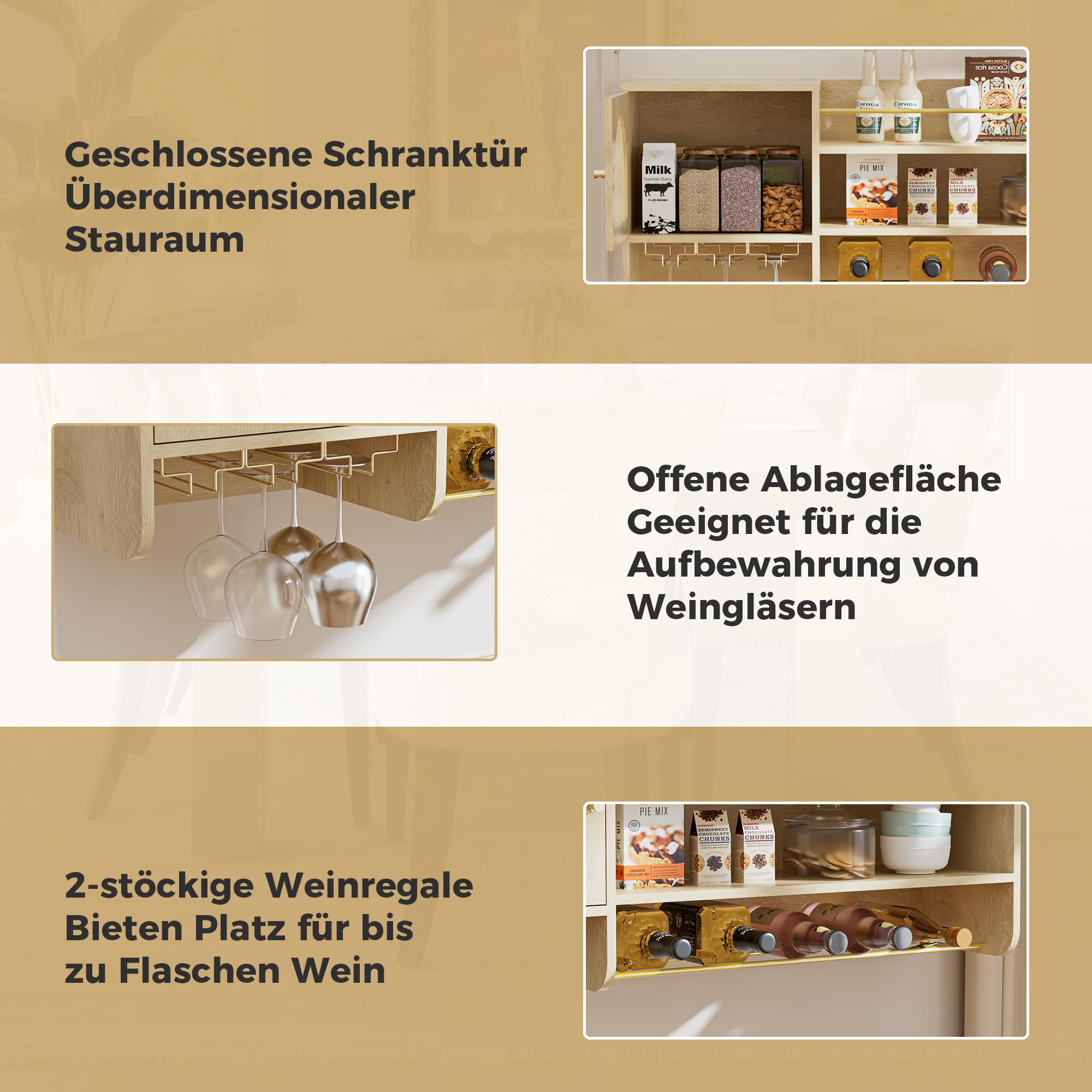 BonVache Weinschrank, mit verstellbaren Weinregalen und Glasablagen, Getränkelagerung, Küchen-Weinregal, geeignet für Esszimmer und Wohnzimmer, in Naturholzoptik