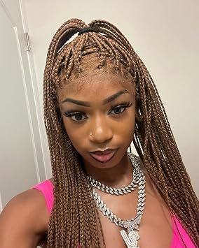LUXLUXE Ivy 31-inches Full Hand-tied Box Braid Style Lace Wig with Baby Hair, Heat Resistant Fiber,Copper Blonde