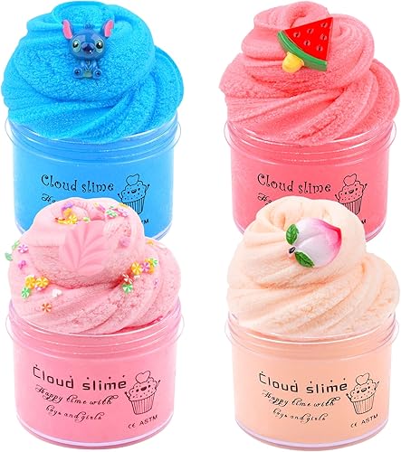 Paquete de 4 limos de nube, que incluye azul, rojo, rosa, limo de albaricoque, slime perfumado para recuerdos de fiesta de niños, juguete para