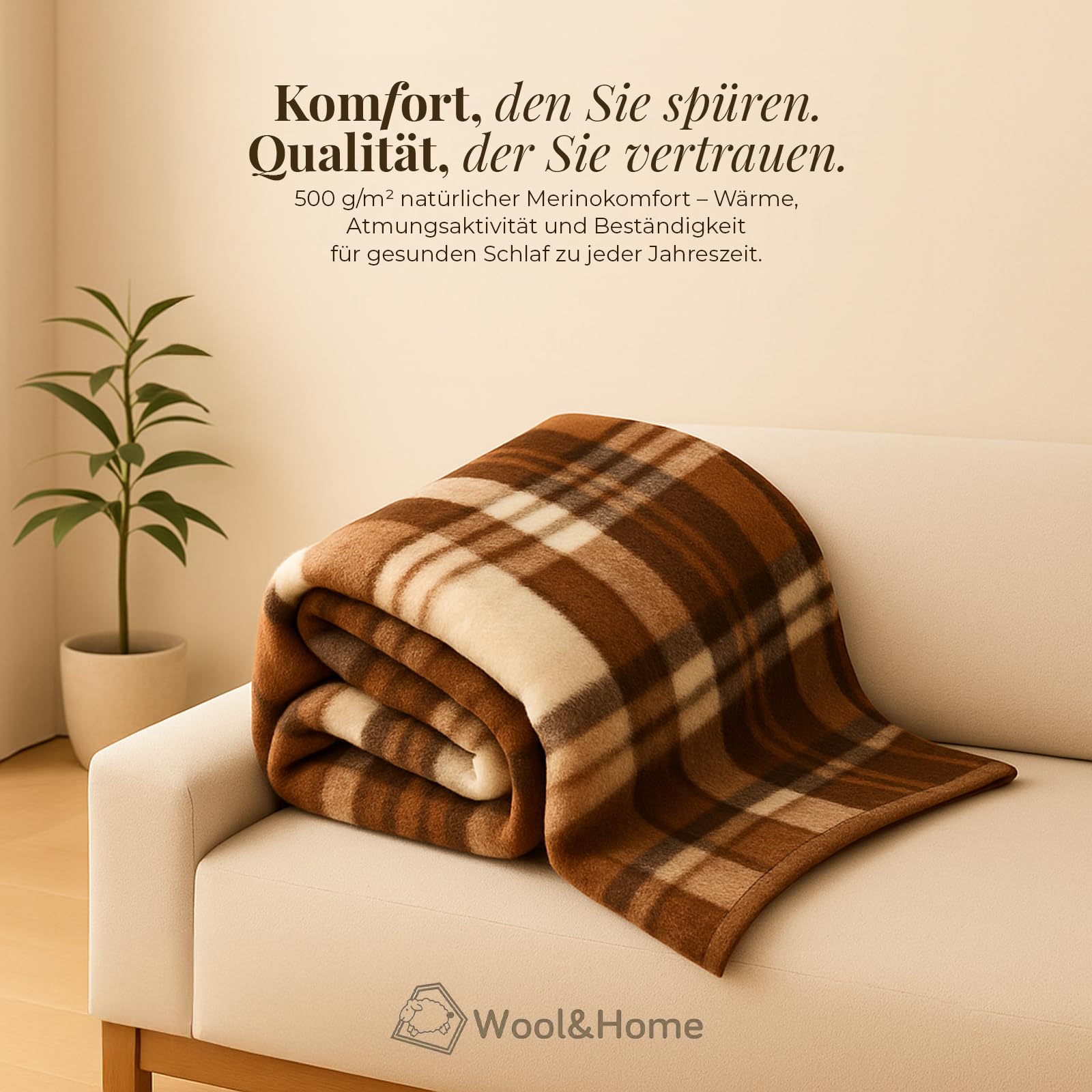 Wool & Home Merino Wolldecke 220x200 cm – Kuscheldecke aus 100% Merinowolle, Cremefarbene Decke mit Brauner Griechischer Mäander-Bordüre – Gewicht 500 g/m² – Atmungsaktiv und Langlebig