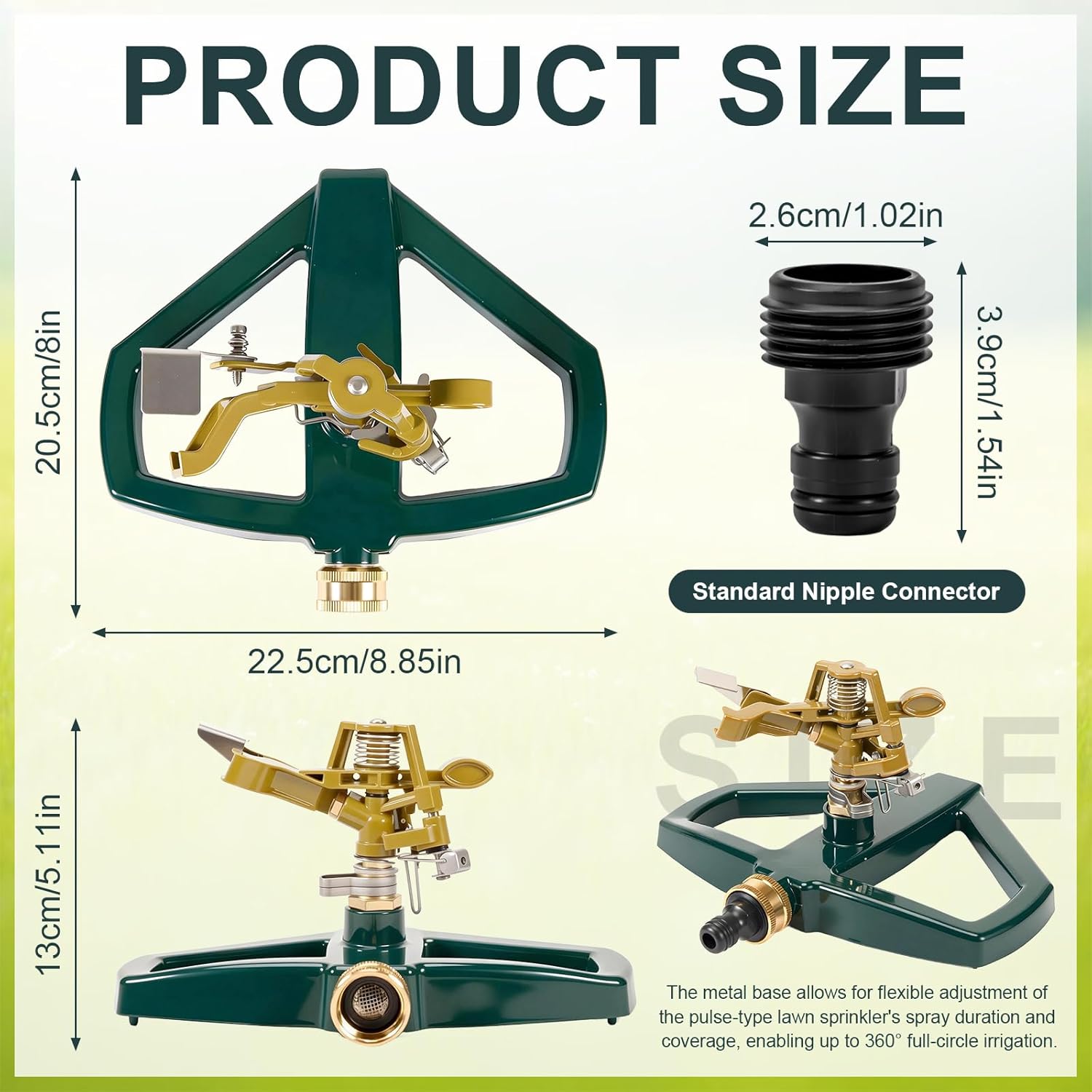 Sprinkler for Yard, Oscillating Lawn Sprinklers Adjustable Covera Model with Durable Metal Base, Featuring a 100% Metal Adjustable Circular Zinc Impulse Head for 360-Degree Large Area Coverage