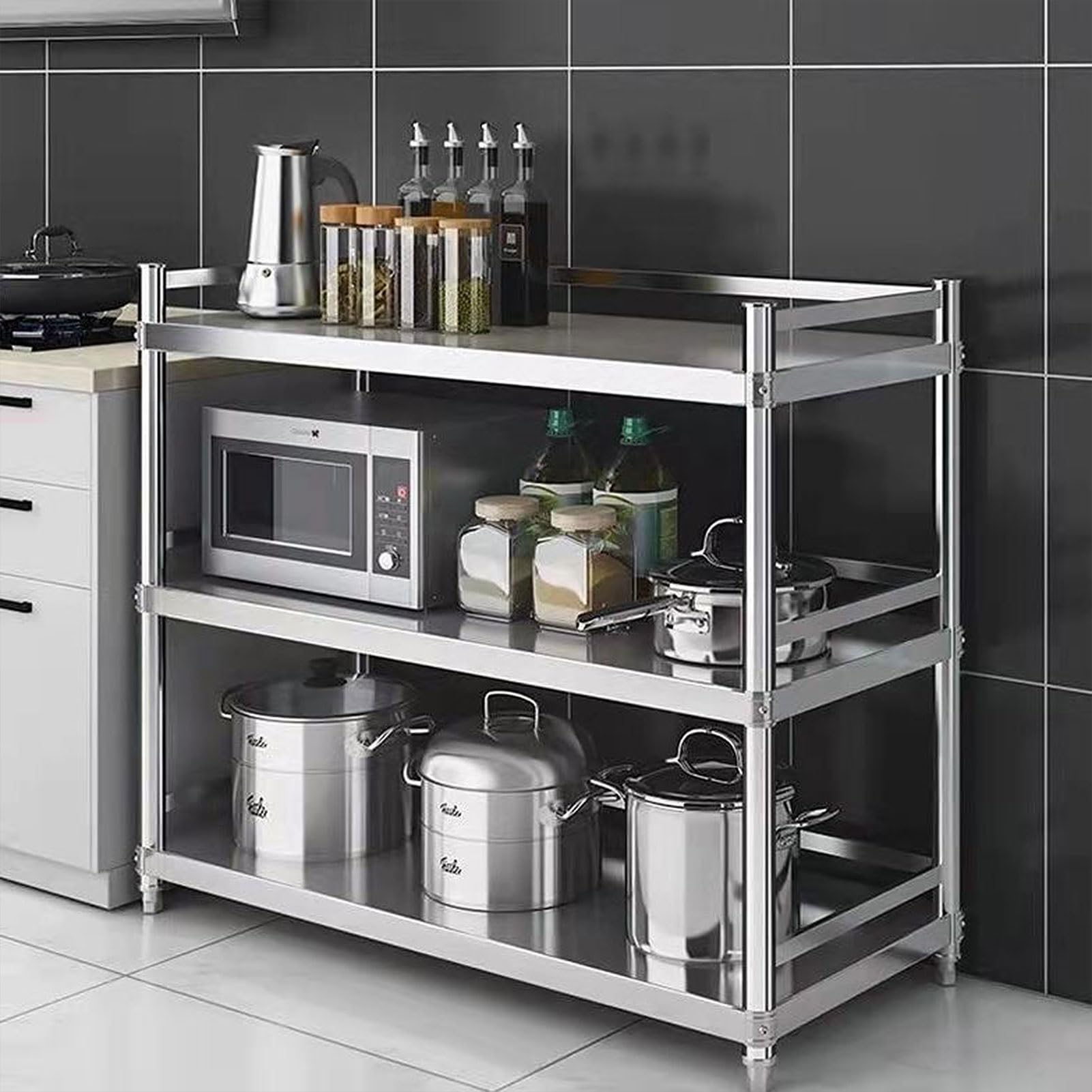 Scaffale da cucina a 3 ripiani in acciaio inox 304, per dispensa, ripostiglio, soluzione di archiviazione (80 x 50 x 100 cm)
