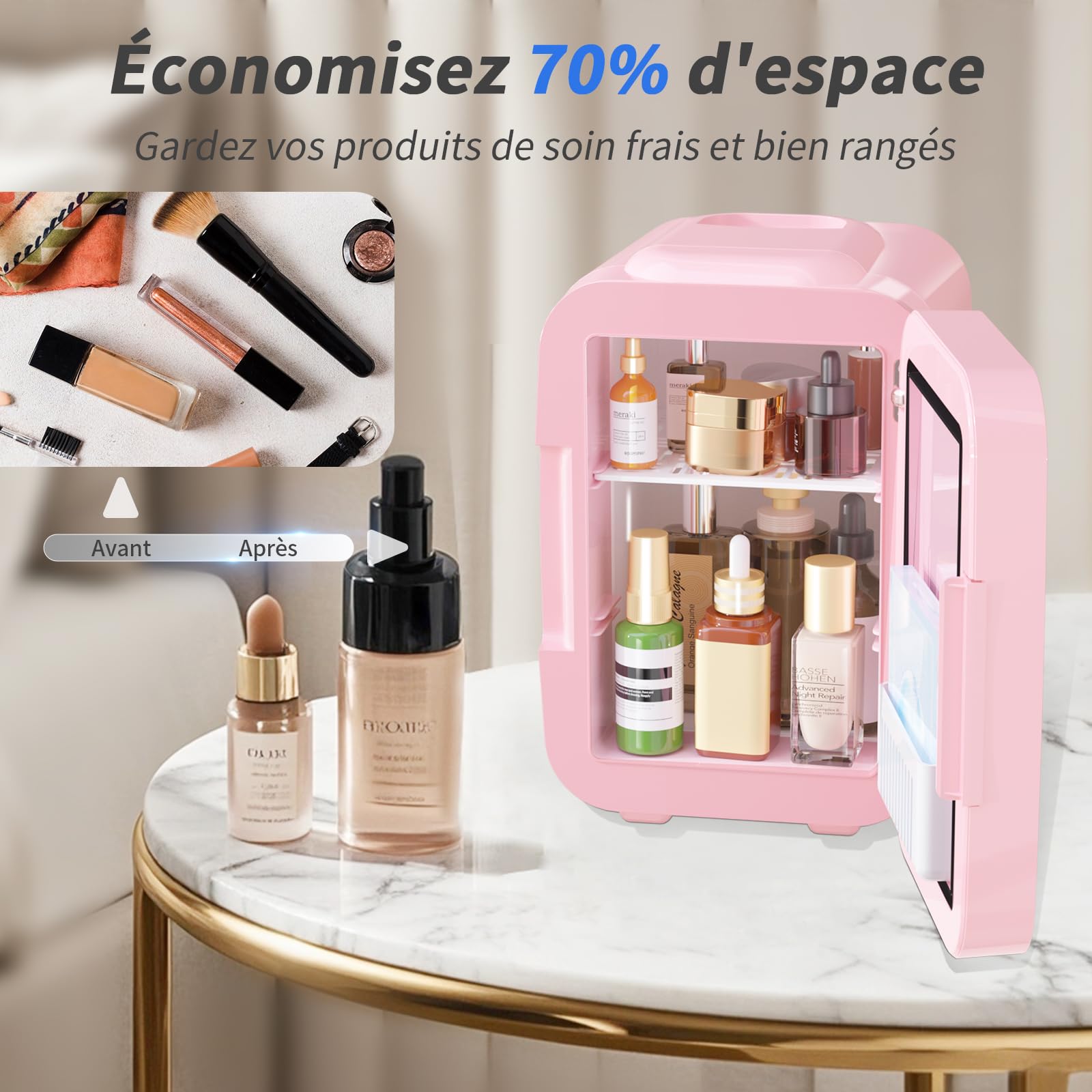 YASHE Mini Frigo pour Chambre, Frigo Skincare avec Miroir LED, Petit Frigo de 4L Portable, Thermoelectrique Chauffe & Refroidisseur 220V AC / 12V DC pour Voiture, Bureau, Dortoir (Rose)