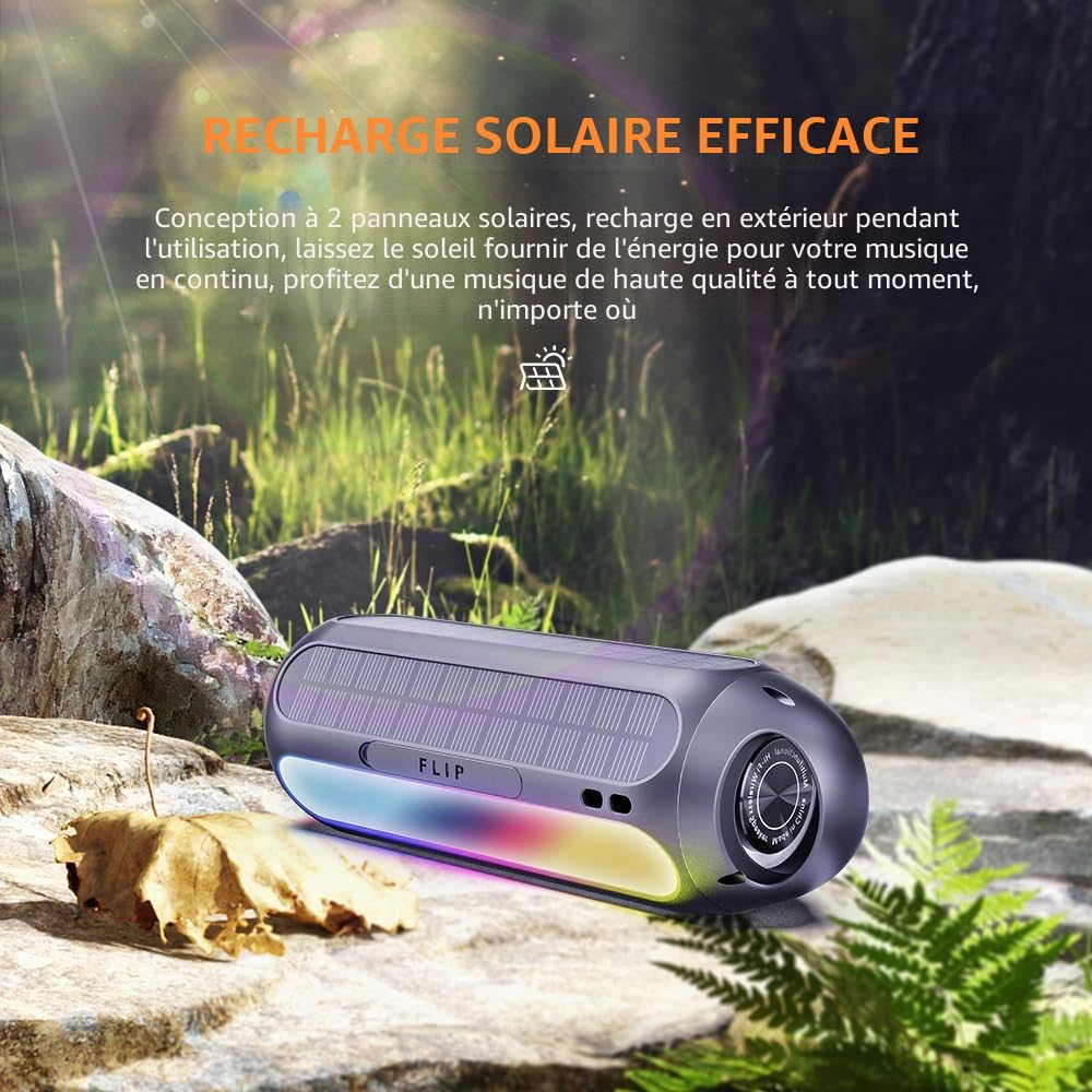 CYBORIS Enceinte solaire Bluetooth - 30 W - Portable - Sans fil - Étanche IPX6 - Avec lumières LED RVB - Autonomie de 30 heures - Basses profondes pour voyage, golf, plage, fête