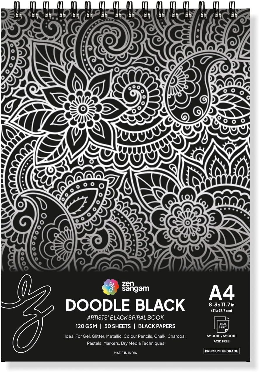 Zen Sangam Express your Mind Doodle Black Paper Sketchbook Drawing Note, A4 (Landscape) - 120GSM - 50 Sheets (100 Pages) - Wiro Spiral Black Paper Sketch Book