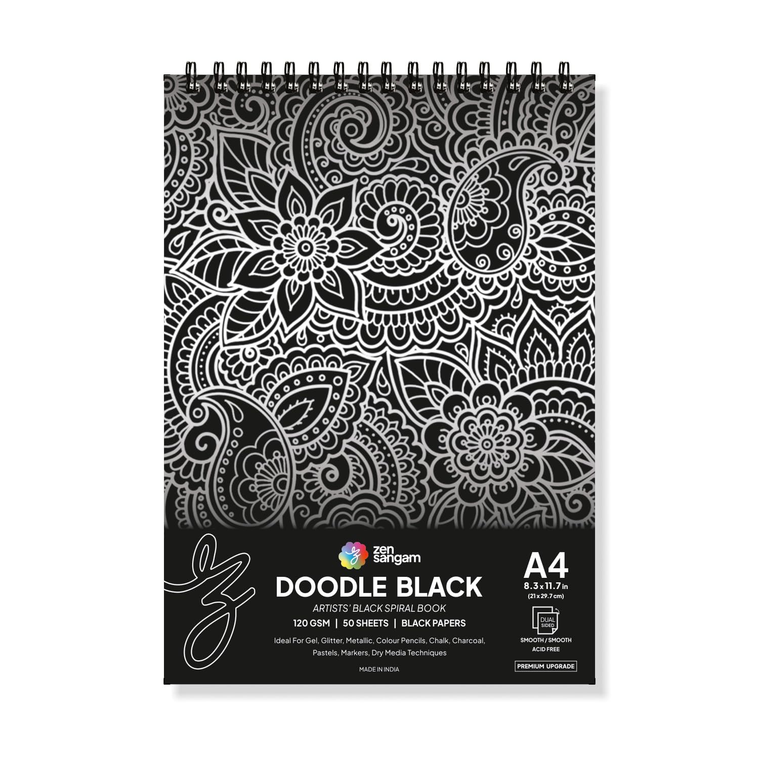 Zen Sangam Express your Mind Doodle Black Paper Sketchbook Drawing Note, A4 (Landscape) - 120GSM - 50 Sheets (100 Pages) - Wiro Spiral Black Paper Sketch Book