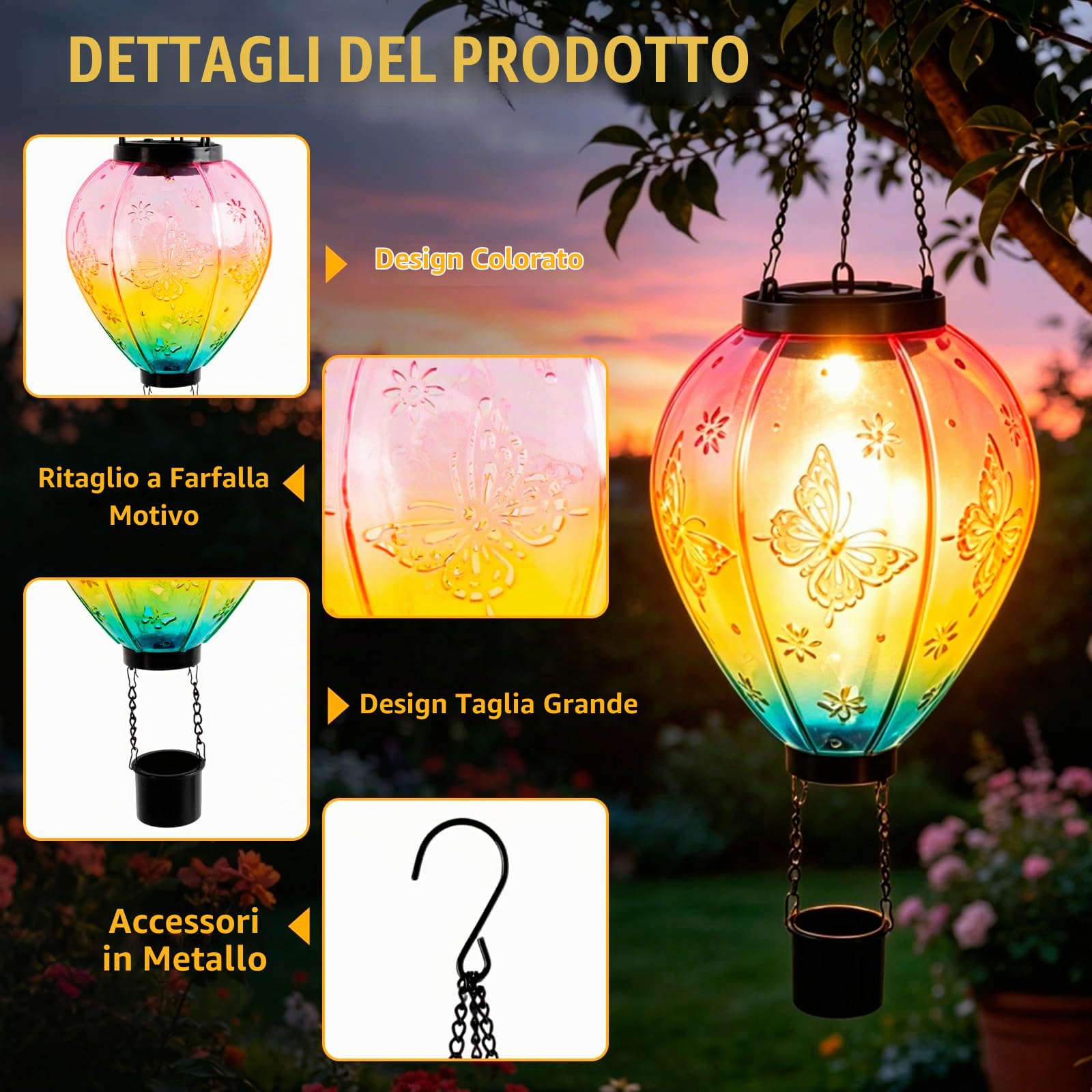2 Pezzi Lampada Solare a Palloncino Caldo, 45x14 cm Lampada Solare per Esterni, Lampade Solari per Esterni Appendibili, Palloncino Caldo per Decorazione, Sensore di Crepuscolo, Resistente alle