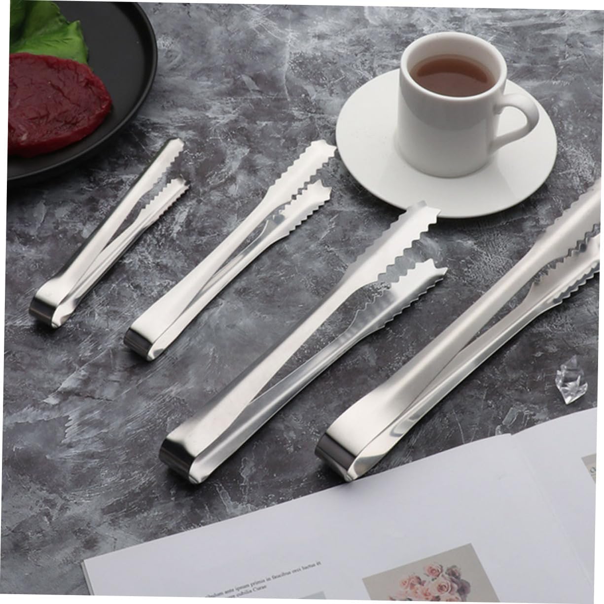 SOLUSTRE 10Pcs Stainless Steel Ice Tongs with Skid Design Mirror Polished Ice Serving Clips for Tea Parties Bars Weddings Coffee and Home Use