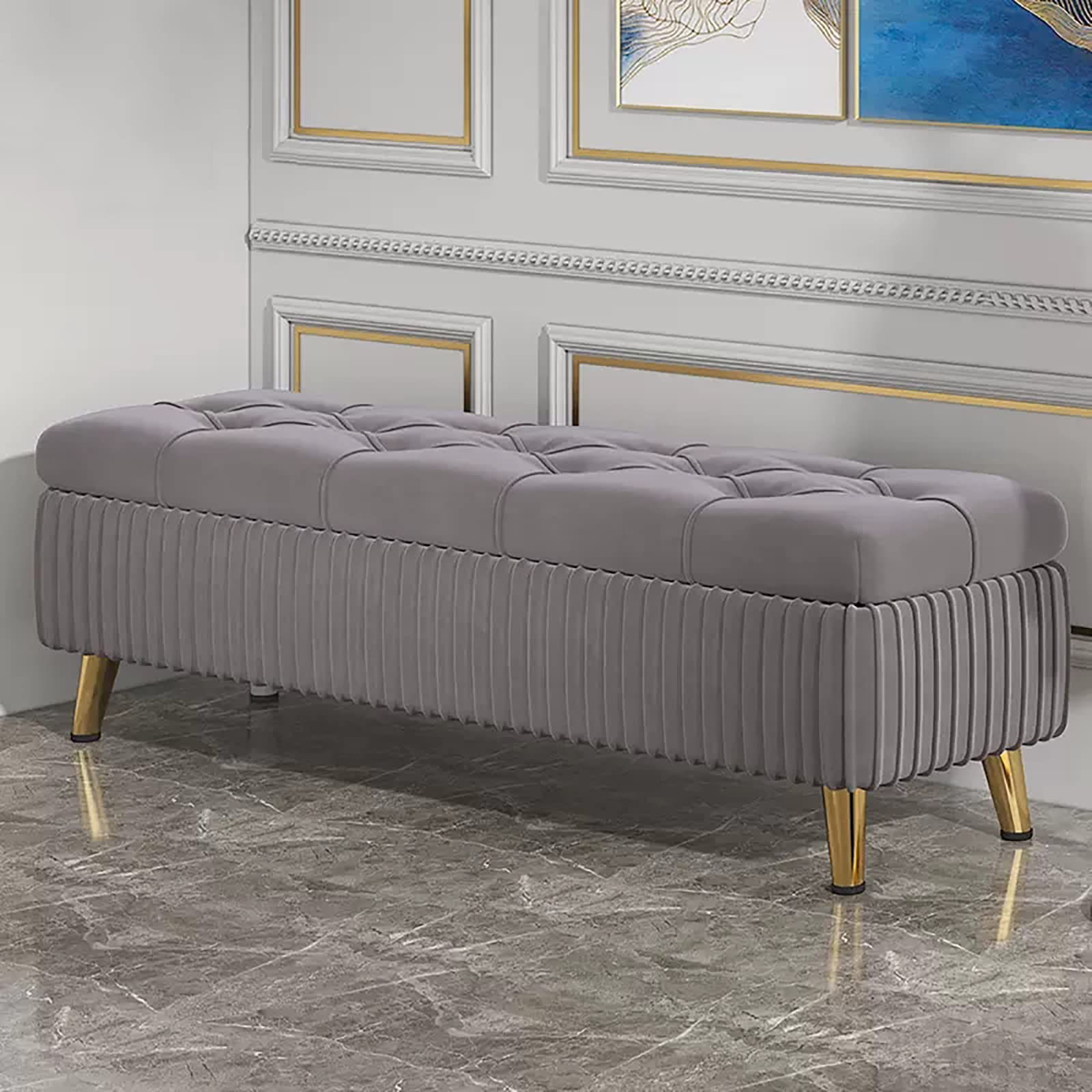 Banc ottoman de rangement en velours vert capitonné pour salon et entrée
