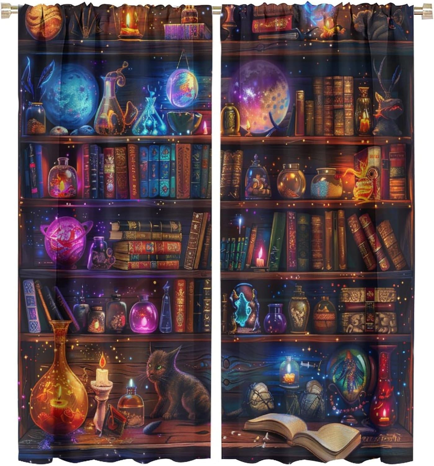 Mystical Library Bookshelf Blackout Curtains for Living Room Bedroom, Colorful Book Potion Crystal Ball Window Curtains Rod Pocket Thermal Insulated Window Drapes, 2 Panels, Each 21W x 45L