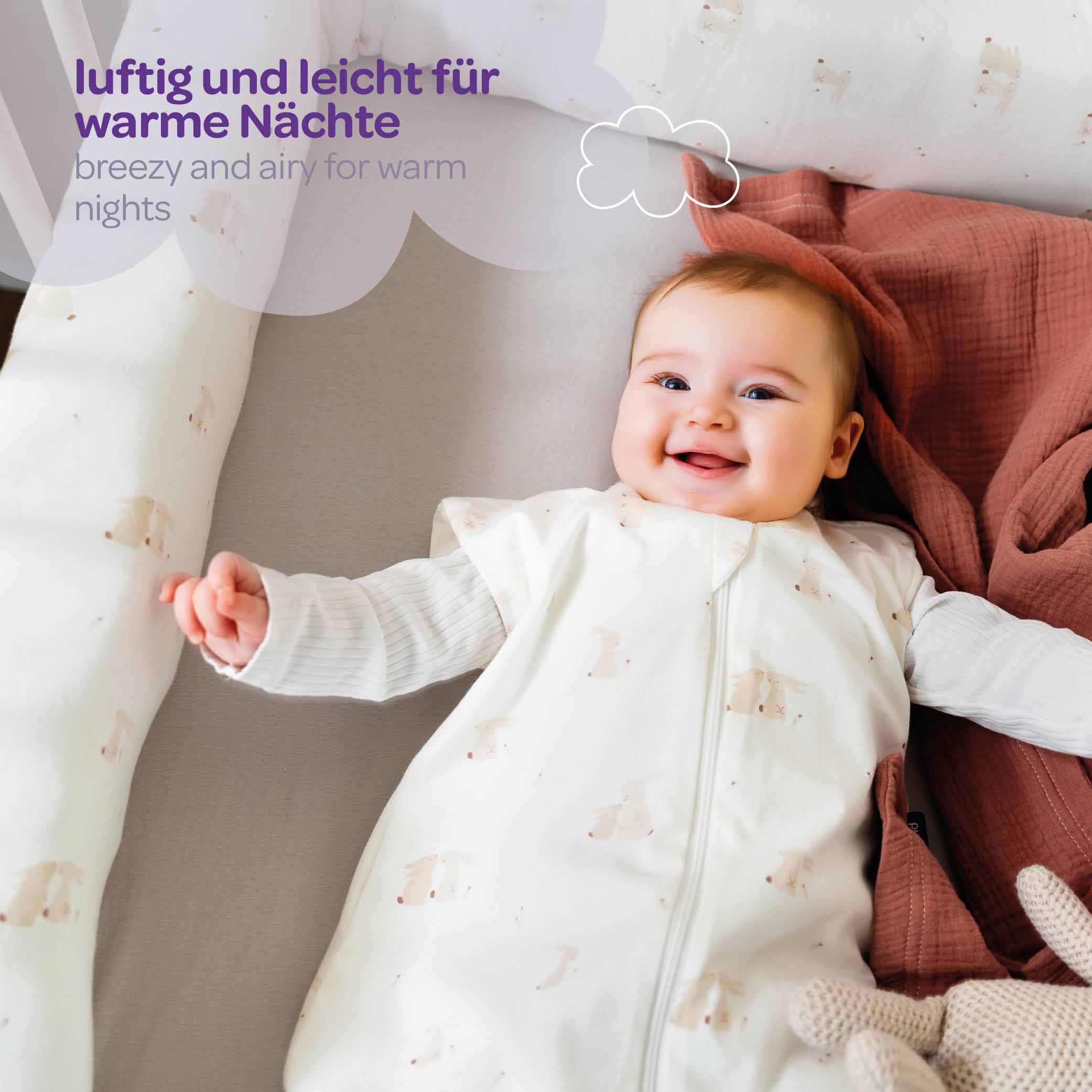 TRÄUMELAND – Baby Sommerschlafsack in pflaume 0.5 TOG, leichter atmungsaktiver Schlafsack aus Musselin für warme Sommernächte, Öko-Tex 100 zertifiziert, schadstofffrei & hautfreundlich