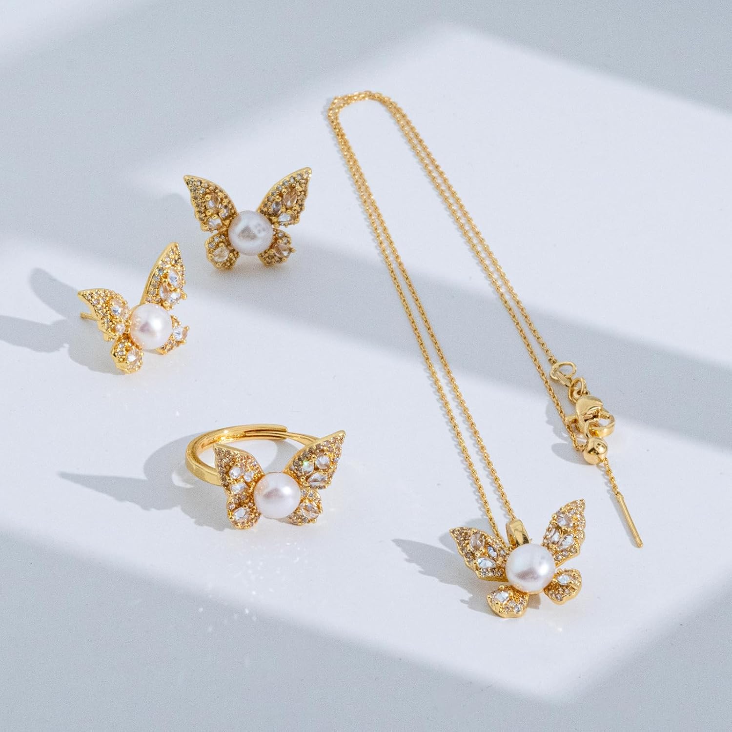 Jewelry Set for Women, 14K Gold Plated Butterfly Necklace Earrings Ring Set | Silver Chain Heart-Shaped Baroque Pearl Charm Pendant Necklace Earrings for Women Wedding Bridal Cute Jewelry Gift