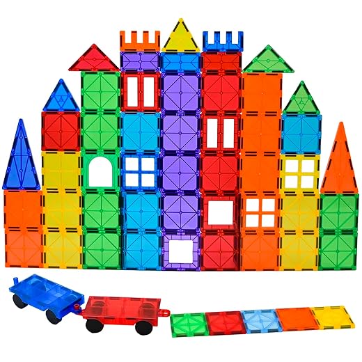 Gemmicc 100 PCS Magnetic Tiles with 2 Cars, STEM Approved Educational Magnet BuildingToys, Magnet Puzzles Stacking Blocks for Boys Girls