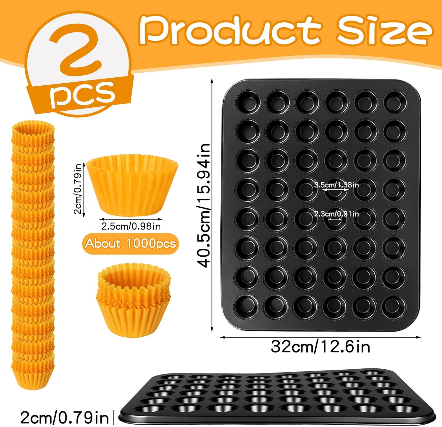 2 Pcs 48-Cup Mini Muffin Pans with 1000 Paper Cupcake Liners, Carbon Steel Nonstick Small Cupcake Pan, Round Mini Muffin Tin for Baking, Dishwasher Safe