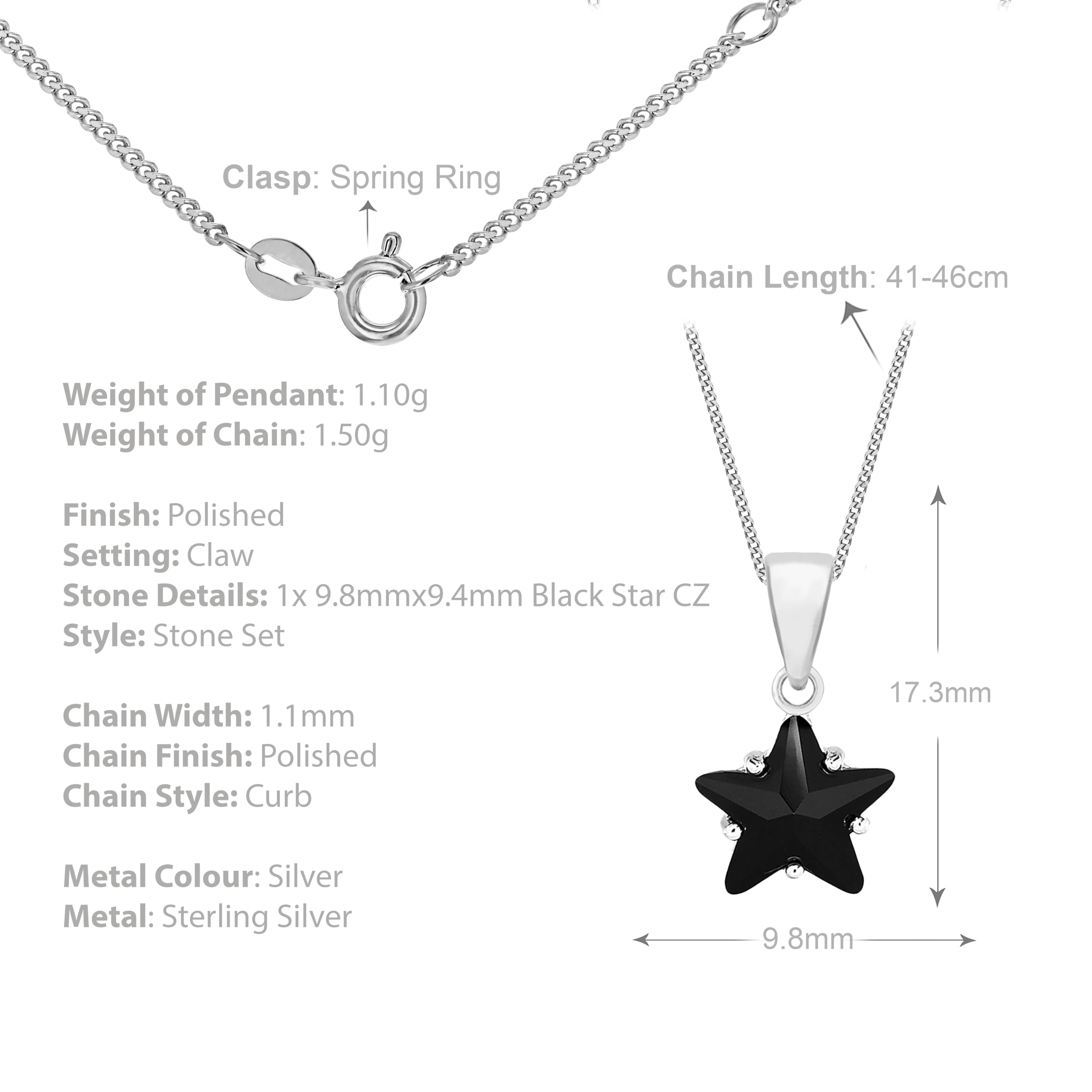 Tuscany Silver Collana regolabile con ciondolo a stella con zircone nero in argento sterling 925 su catena grumetta da 41-46 cm