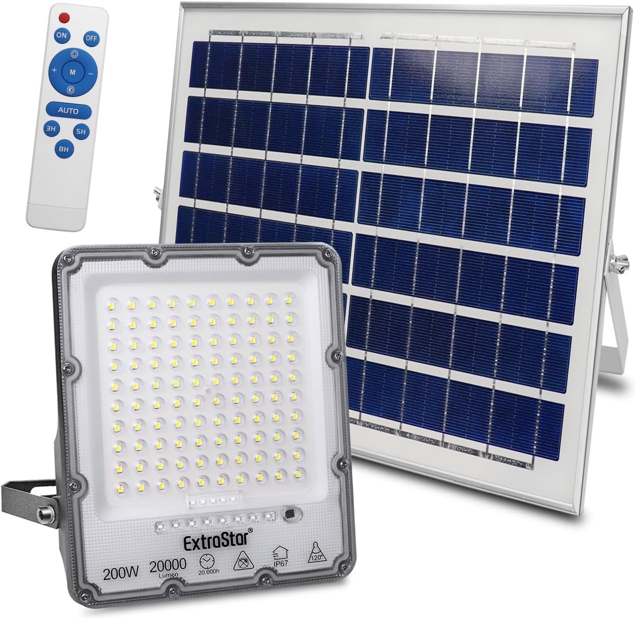 EXTRASTAR Projecteur LED solaire 200 W avec télécommande, lumière blanche froide 6 500 K, 20 000 lm, étanche IP67, adapté pour l'extérieur, jardin, cour