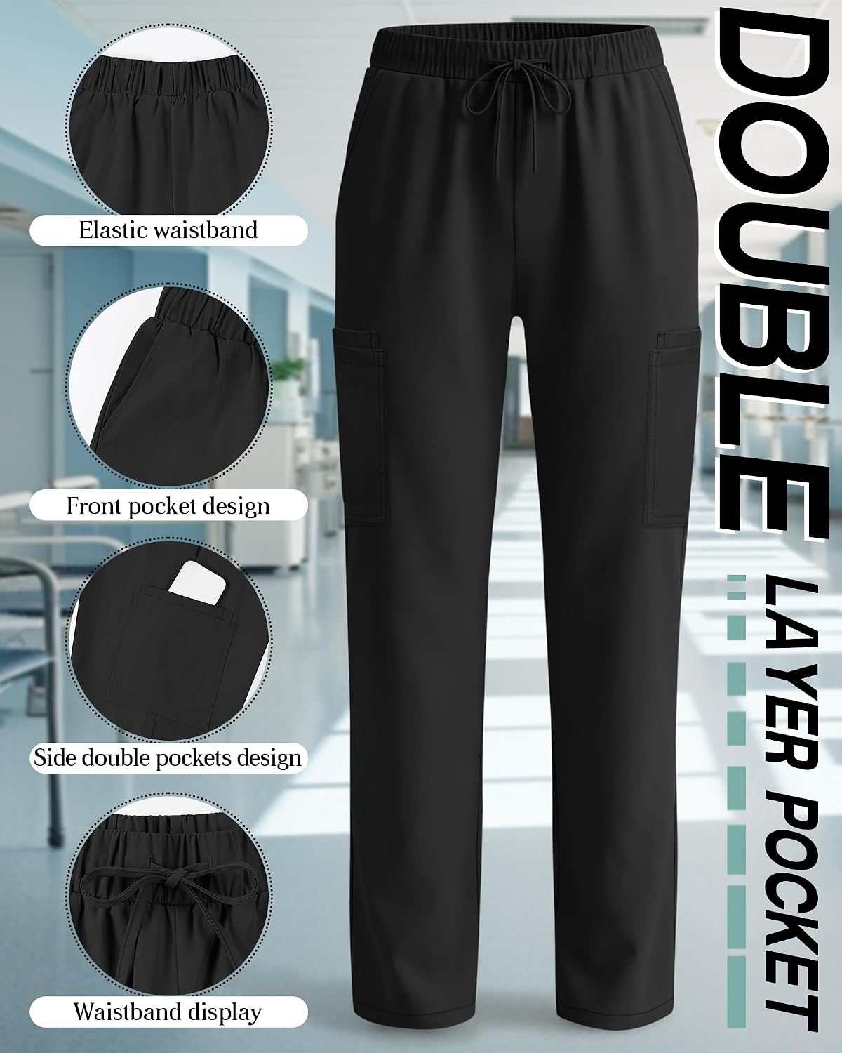 Women's Scrub Pants Lightweight Wide Leg Cargo Scrub Pants with 6 Pockets Nurse Drawstring Pull on Bottoms