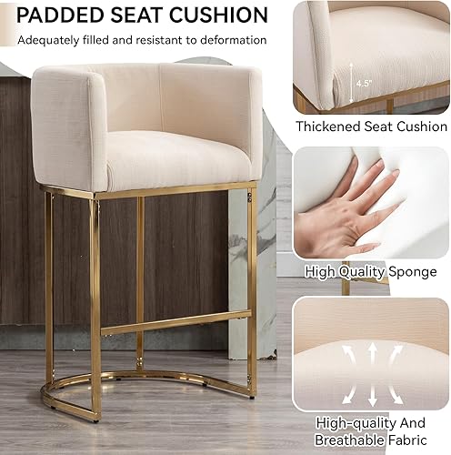 Miniatura 4 de Taburete de bar contemporáneo de lino crema, taburete de bar de tela tapizada de 29 pulgadas, taburete de bar de cocina, taburete de isla con base