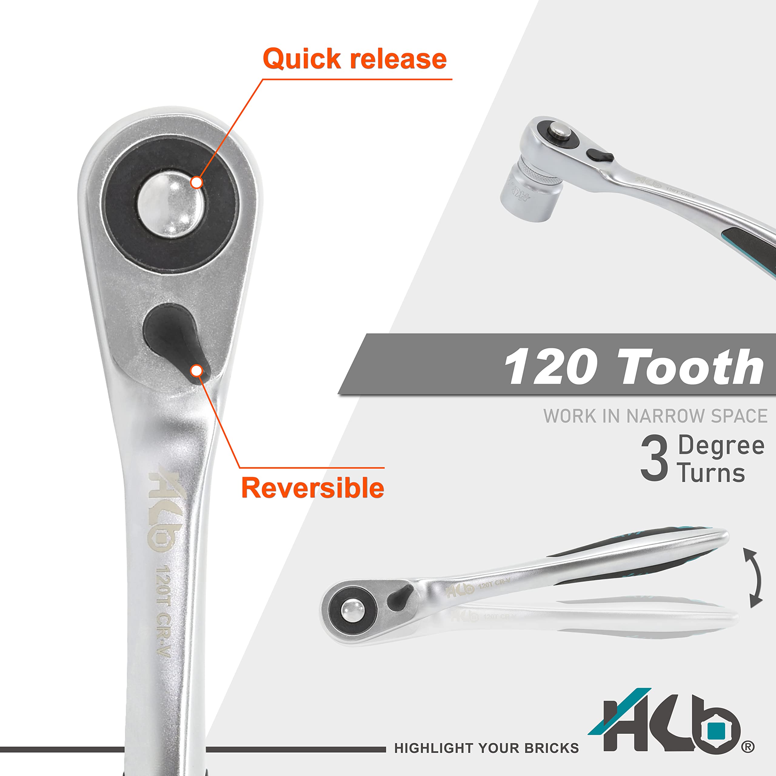 HB Set di Bussole 168 Pezzi con Cricchetto Offset Reversibile 120 Denti 1/2" 3/8" 1/4", Custodia Compatta con Chiusura Metallo, Bussole Metriche ed E-Torx, Acciaio CR-V, Made in Taiwan AKM002-G