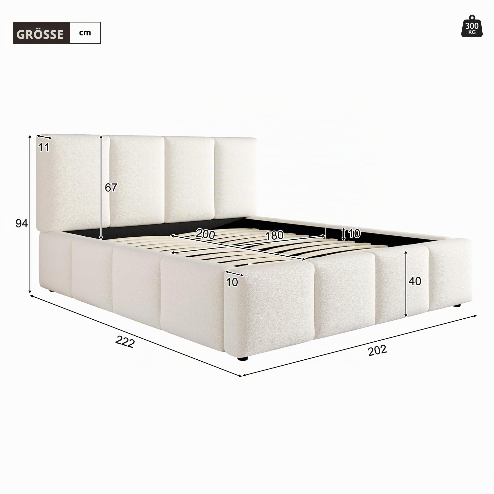 Doppelbett 180x200 cm mit Lattenrost und Kopfteil, Polsterbett für Jugendbett und Erwachsenen, Bettgestell, Bouclé, Beige-C(Ohne Matratze)