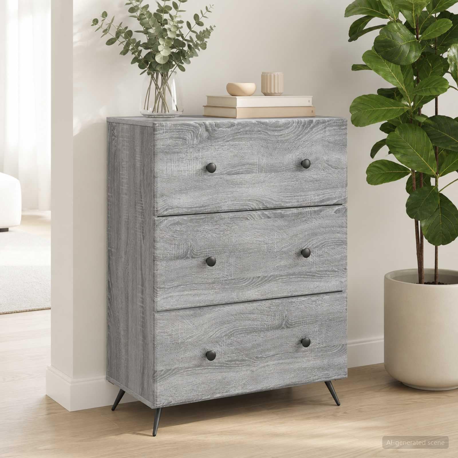Cassettiera grigio Sonoma in legno, 66 x 34,5 x 90 cm, con 3 cassetti, telaio in metallo, per ufficio, camera da letto, corridoio, cantina, garage, officina, organizer
