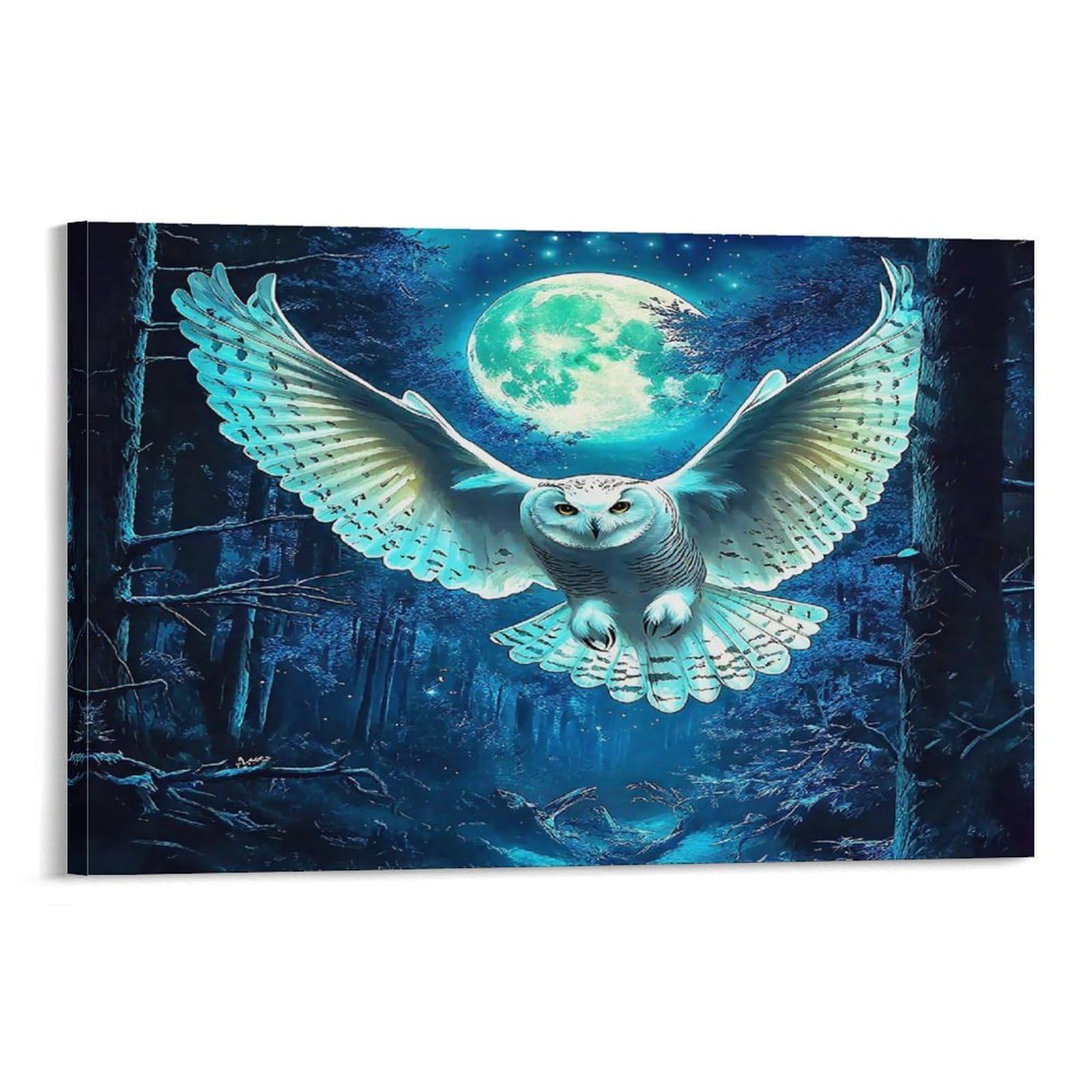CPLVKWRQJ Snowy Owl Perched in Winter Forest Single Glowing Barn Owl Flying before Green Moon Canvas Wall Decor - Kitchen Removable Wall Art Multi-Purpose Focal Point Decor 12x18inch(30x45cm)