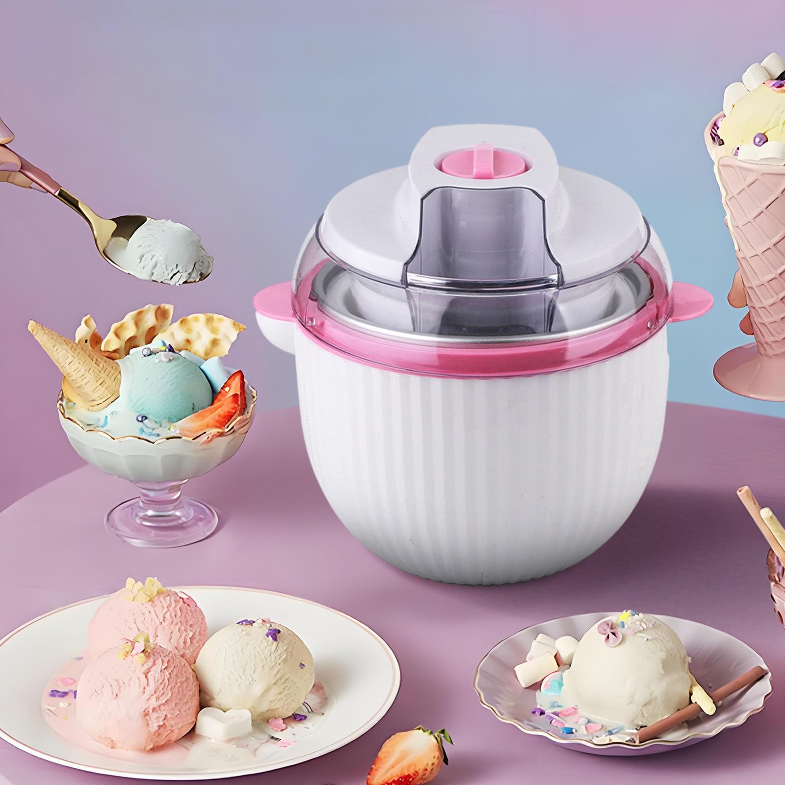 Soft-Serve-Eismaschine für Zuhause, 1L Automatischer Eiscremebereiter Mini, Tragbarer Frozen-Joghurt-Hersteller mit Dessertfunktion, Kompakte Küchenkleingeräte für Eiscreme und Sorbet (Rosa, A)